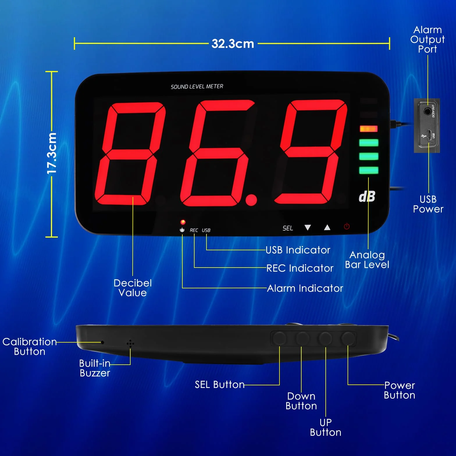 Sonomètre mural à suspendre avec enregistreur de niveau sonore, écran LCD 33 cm, capteur 1,95 m, alarme sonore et visuelle, SPL