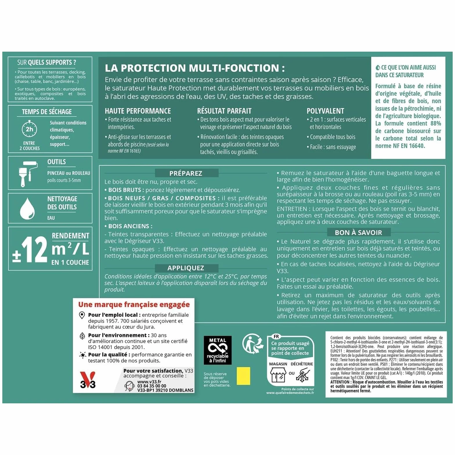 V33 Saturateur bois extérieur Naturel mat 5L - Haute résistance eau chlorée, UV et graisse - Sans essuyage et non glissant