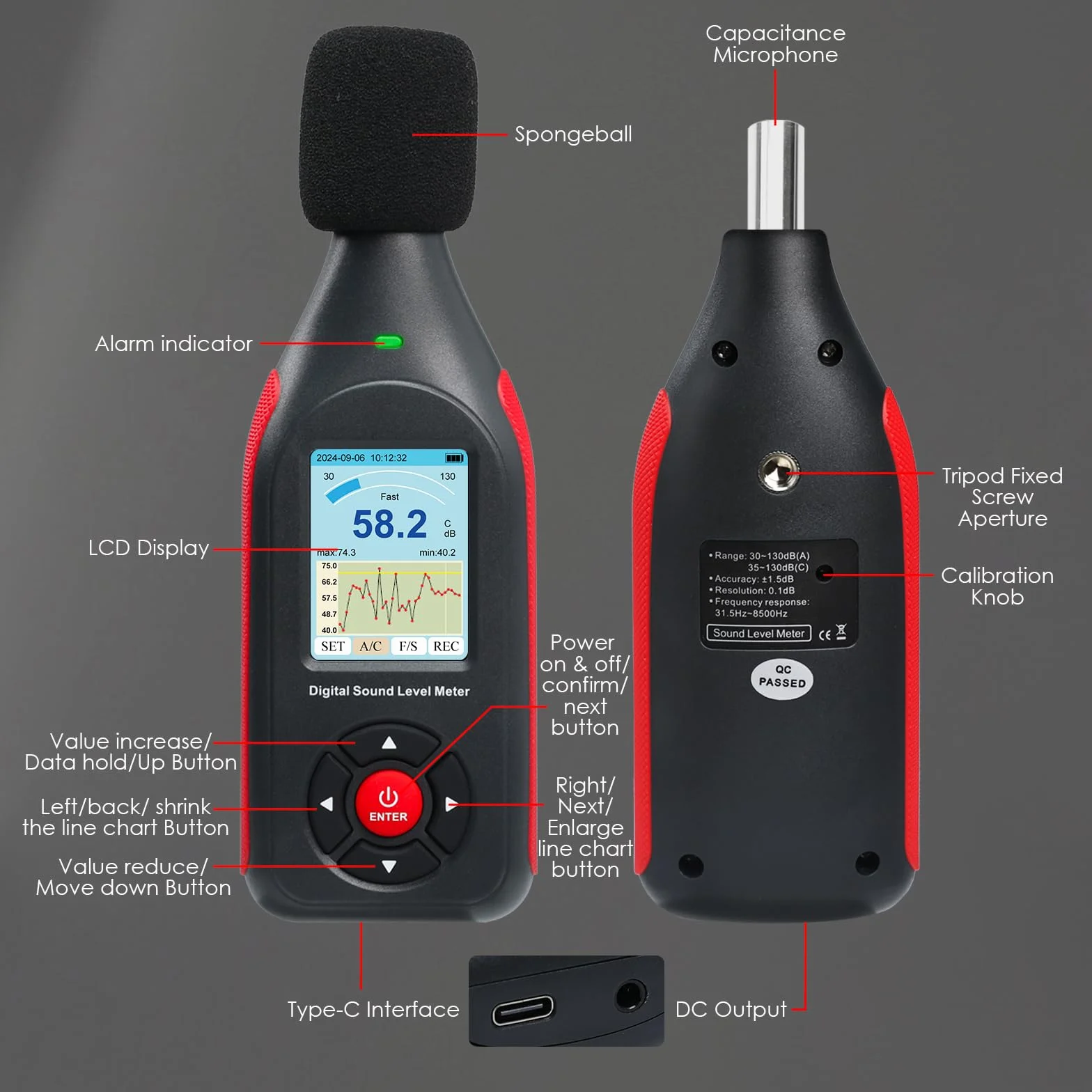 Décibelmètre numérique avec enregistreur de données, niveau sonore rechargeable, fréquence A/C, sortie CC