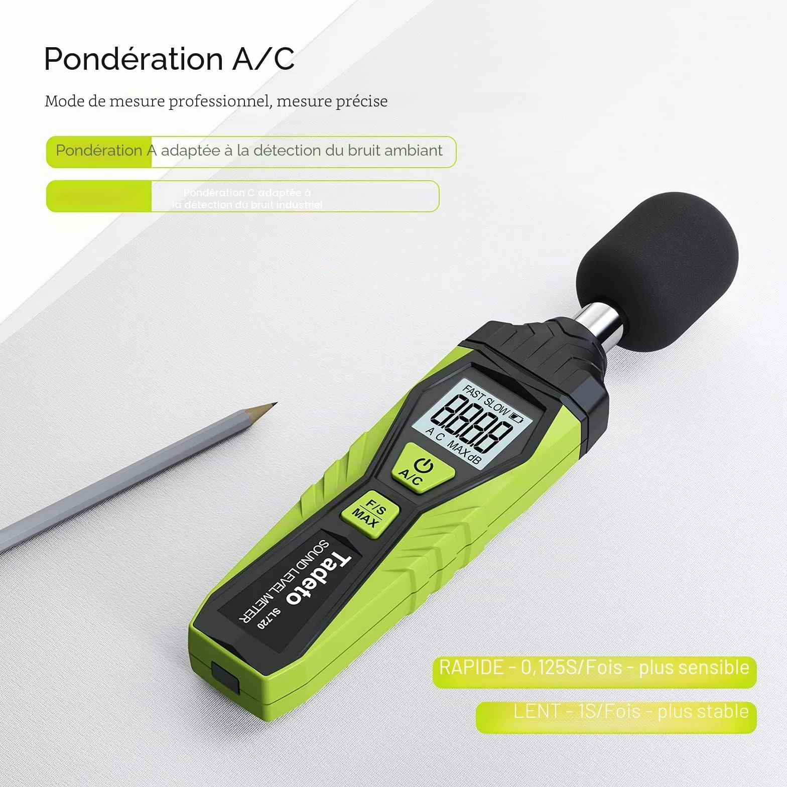 Sonomètre numérique portable décibelmètre 30dB à 130dB écran LCD A/C pondéré