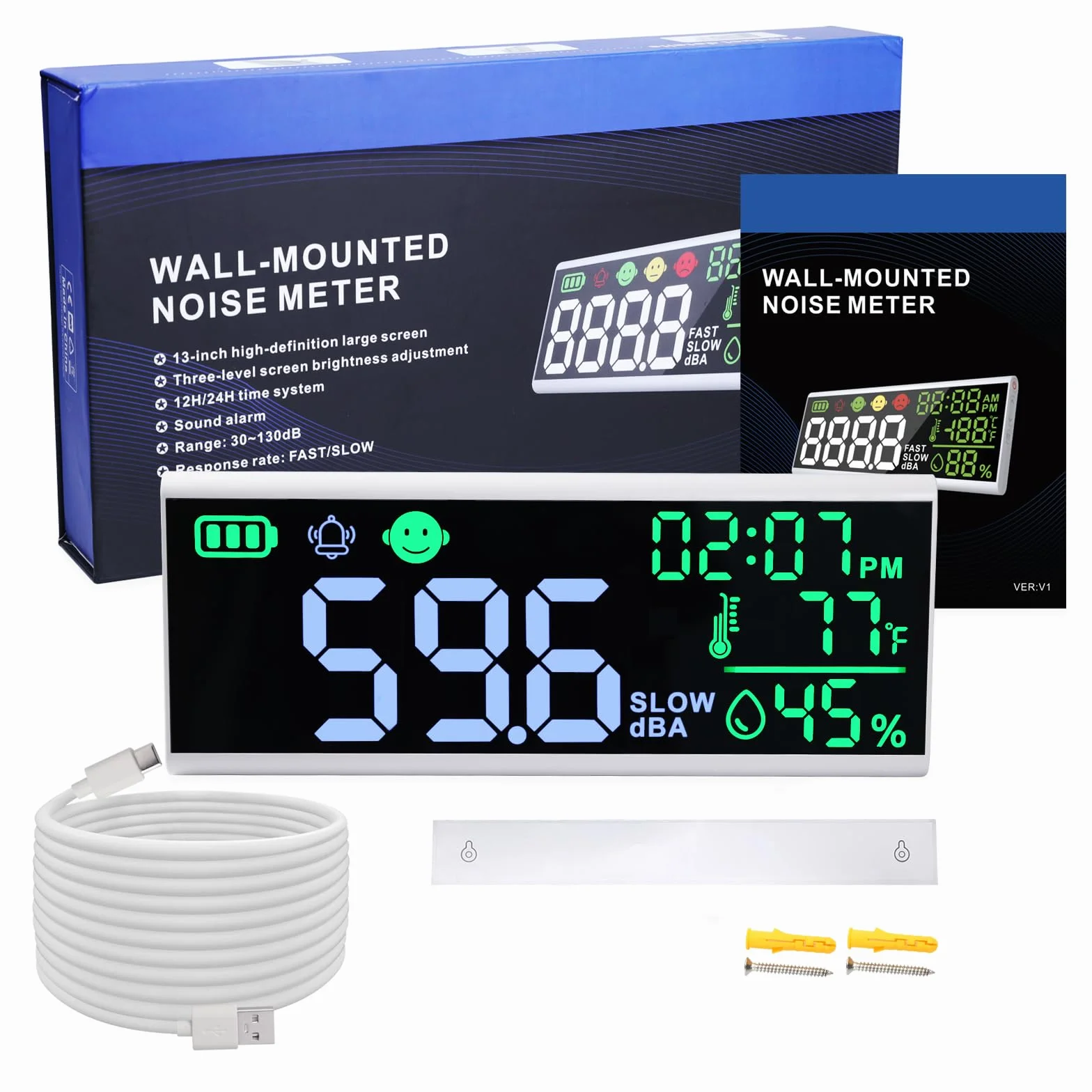 Compteur de décibels 13 pouces - Sonomètre mural et de table avec affichage LED, alarme sonore