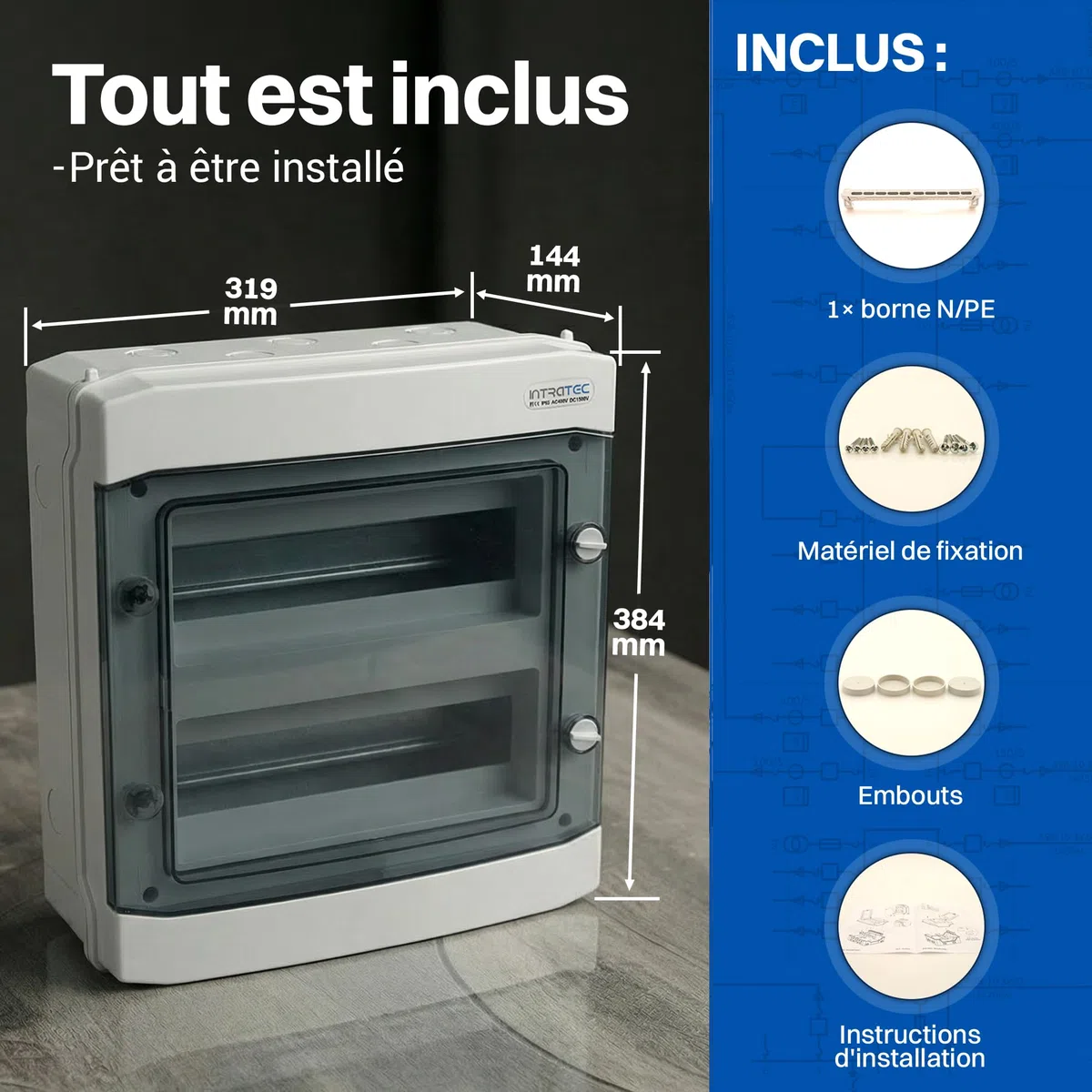 Intratec Coffret de Distribution en Saillie 2 Rangée IP65 24 Modules DIN 400VAC 1500VDC 318 x 384 x 144 mm