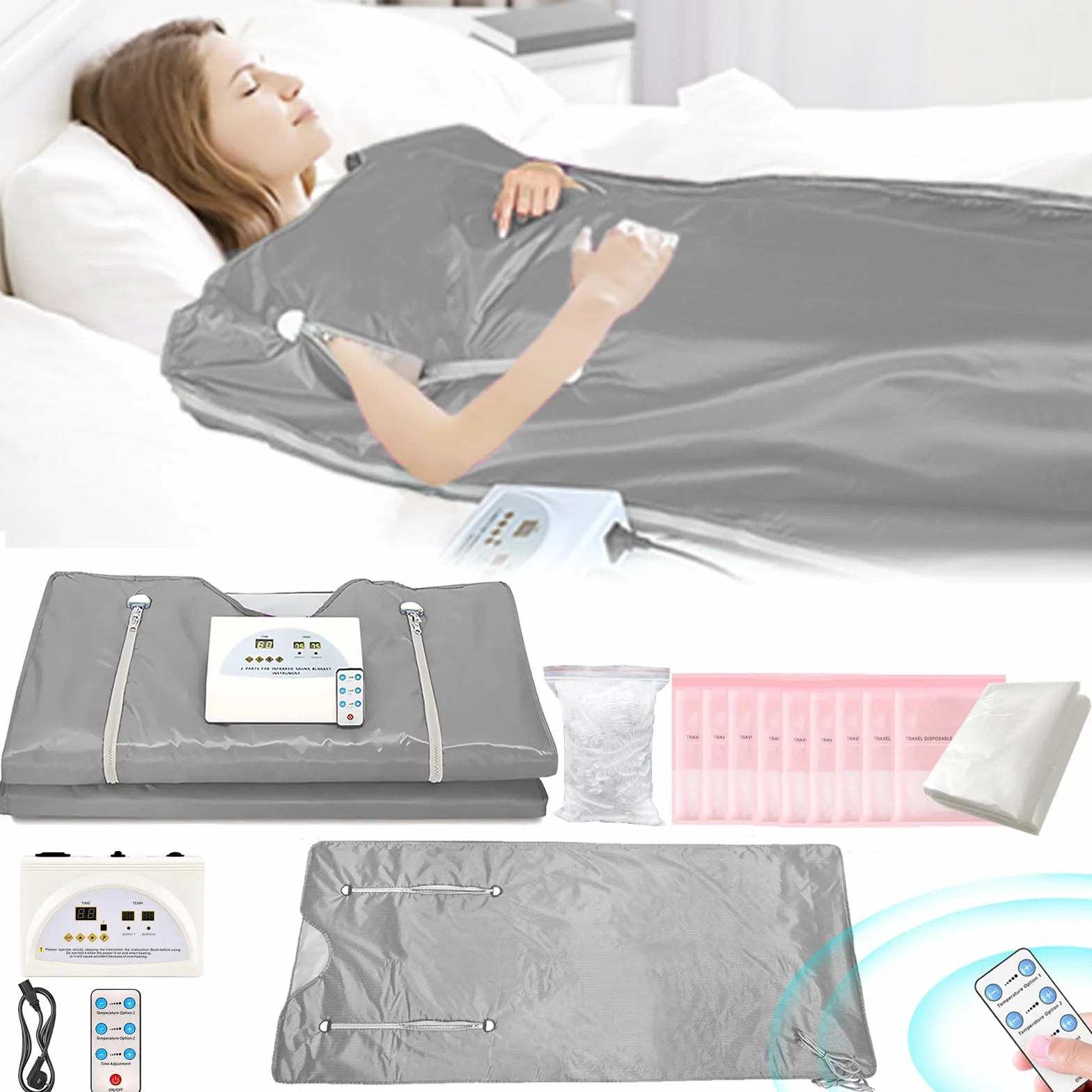 Couverture Sauna Infrarouge 2 Zones Portable Télécommande Gris