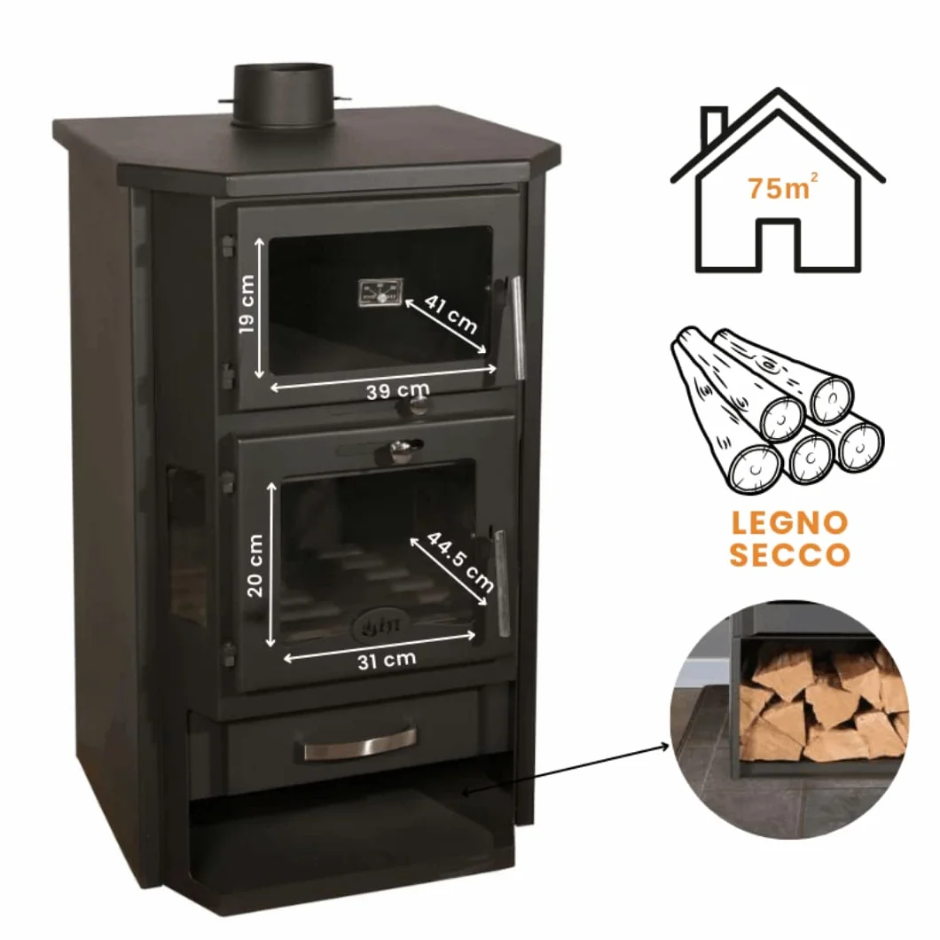 BALKAN ENERGY Poêle à bois avec four et chauffage central, 26 kW, Acier, Fonte, 91.5 x 62.5 x 550 cm