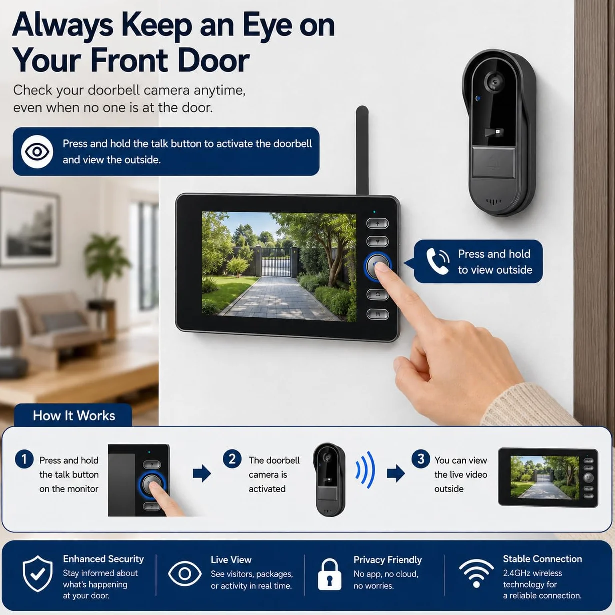 TKMARS Sonnette sans Fil avec Caméra Extérieur Étanche Visiophone 1080P Grand Angle 170° Audio Bidirectionnel Vision Nocturne Kit Portier Vidéo sans WiFi