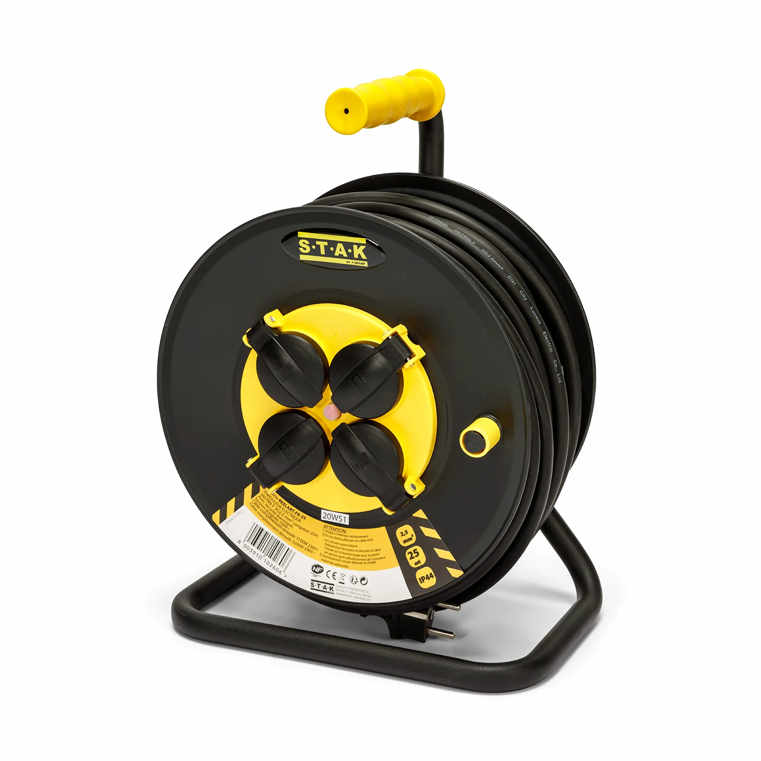 Stak REELART-FR-25 Enrouleur électrique professionnel IP44 25m câble caoutchouc 3G2.5mm² 4 prises acier noir