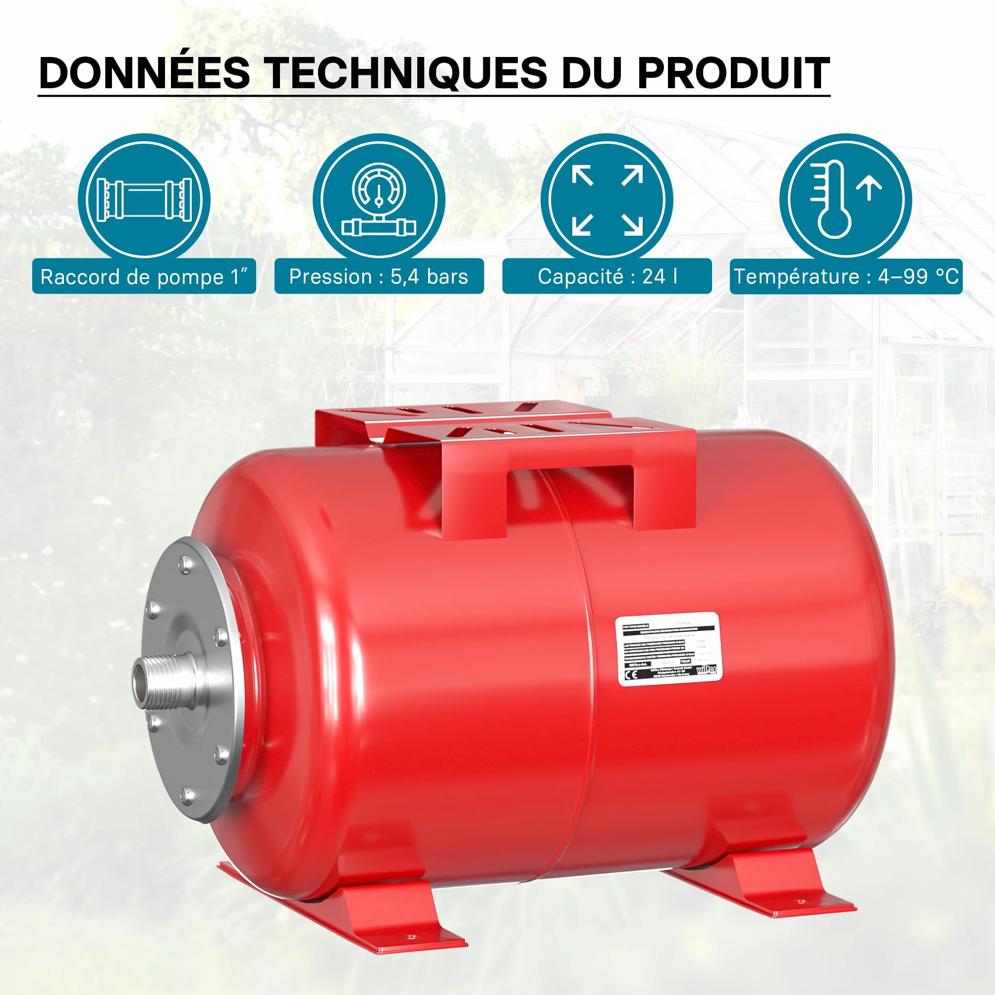 Wiltec Réservoir pression à vessie 24 Litres Acier horizontal Surpresseur eau domestique