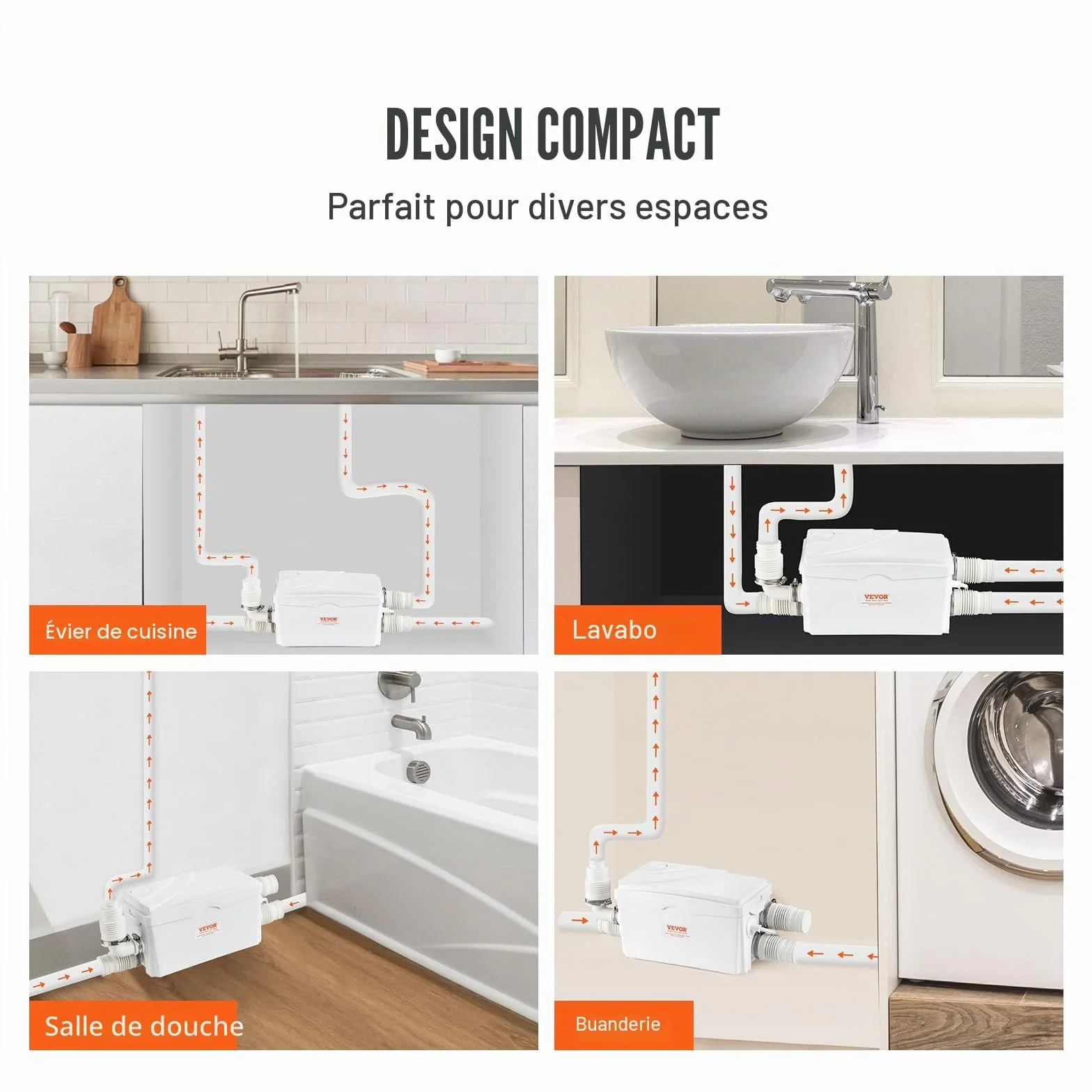 VEVOR Pompe de relevage eaux grises 350 W 6000 L/h 7 m 3 entrées d'eau