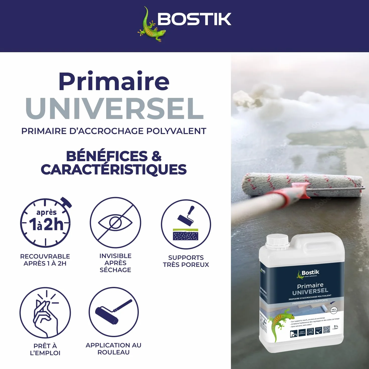 Bostik Primaire d'Accrochage Universel Intérieur Extérieur Sol Mur Bidon 2L
