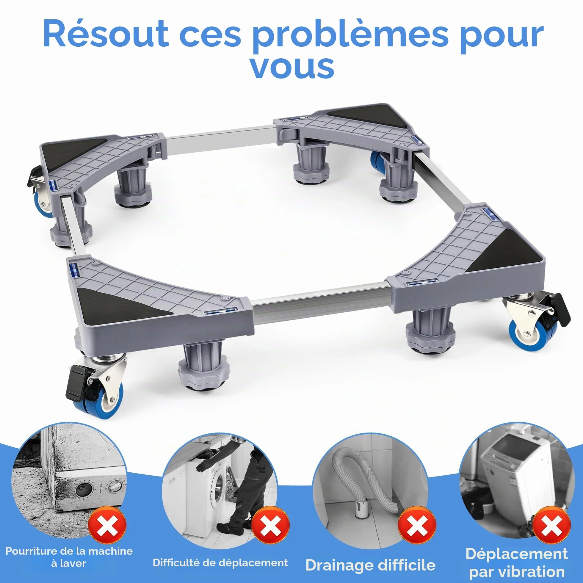 Support Machine à Laver Réglable 42-66 cm Socle Lave Linge 8 Pieds 4 Roues Base Antidérapante 300 kg