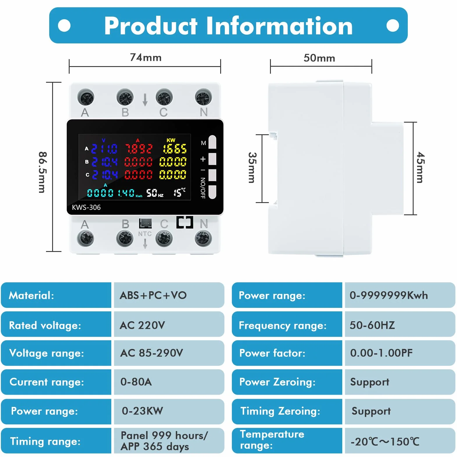 Compteur Électrique Triphasé 80A 220V CA 4 Fils, Wattmètre Numérique DIN Rail, Protection Surtensions