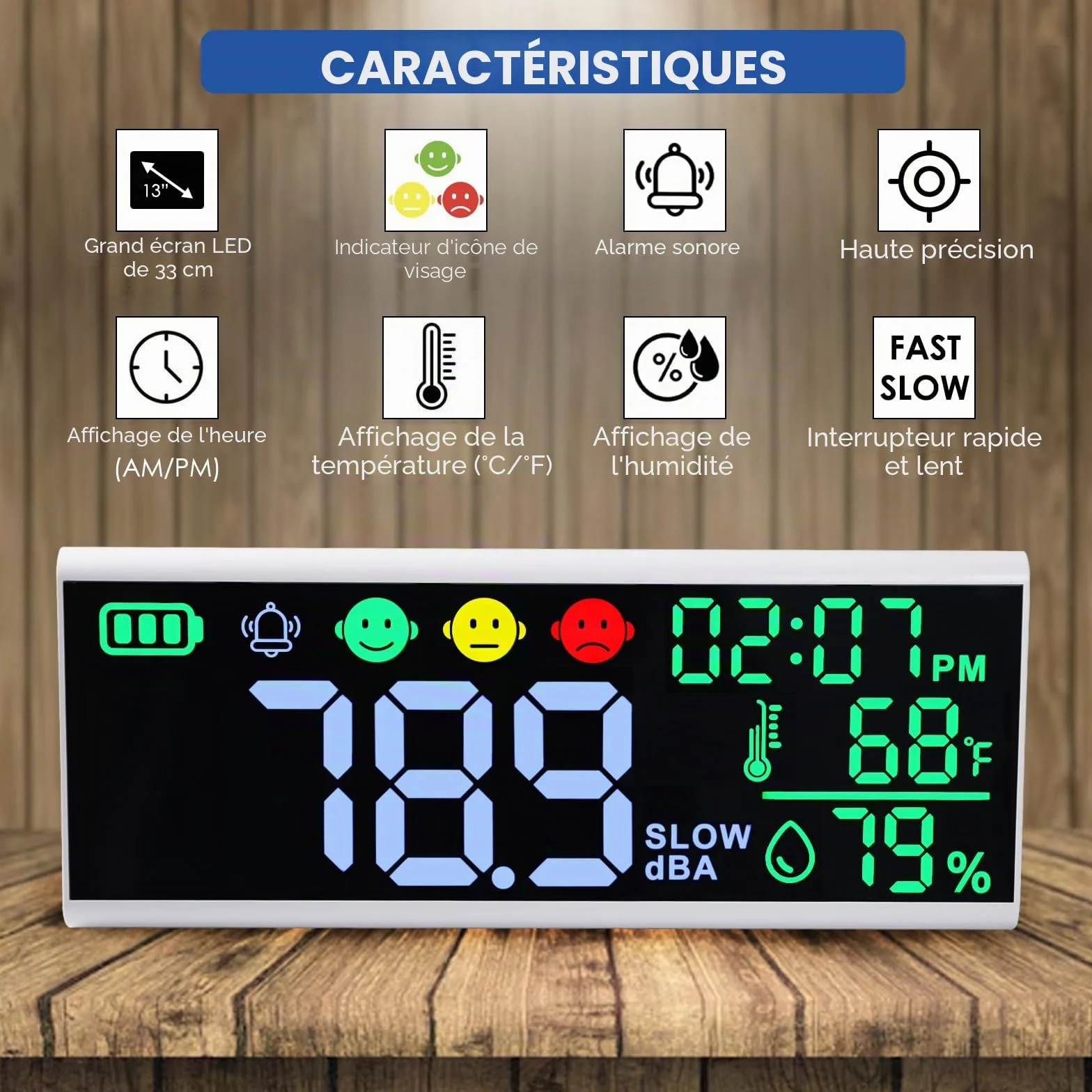 Compteur de décibels 13 pouces - Sonomètre mural et de table avec affichage LED, alarme sonore