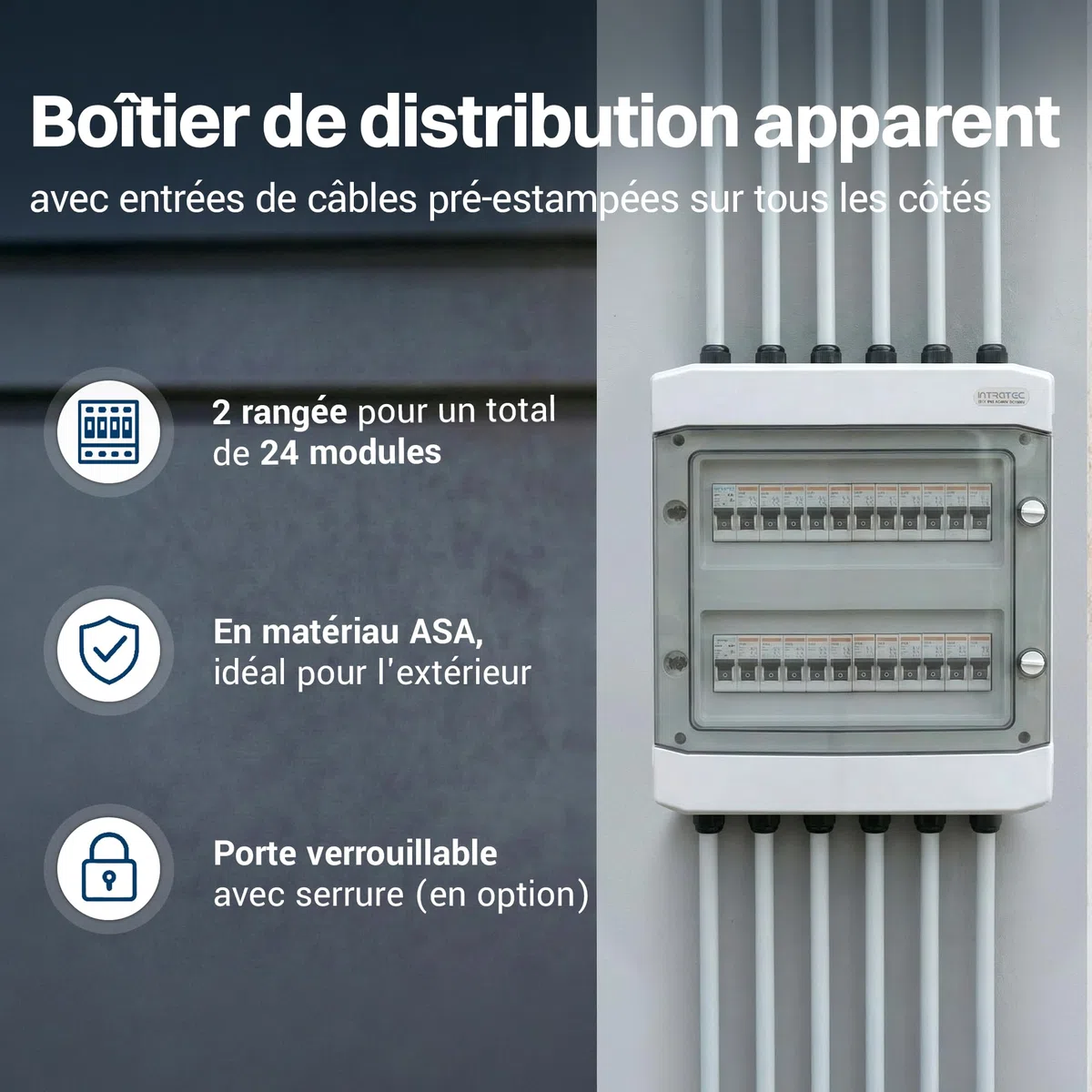 Intratec Coffret de Distribution en Saillie 2 Rangée IP65 24 Modules DIN 400VAC 1500VDC 318 x 384 x 144 mm