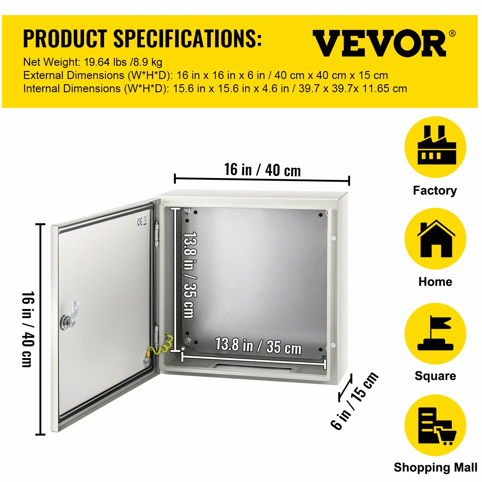 VEVOR Boîtier en acier au carbone NEMA 4X IP66 40x40x15 cm Armoire électrique étanche