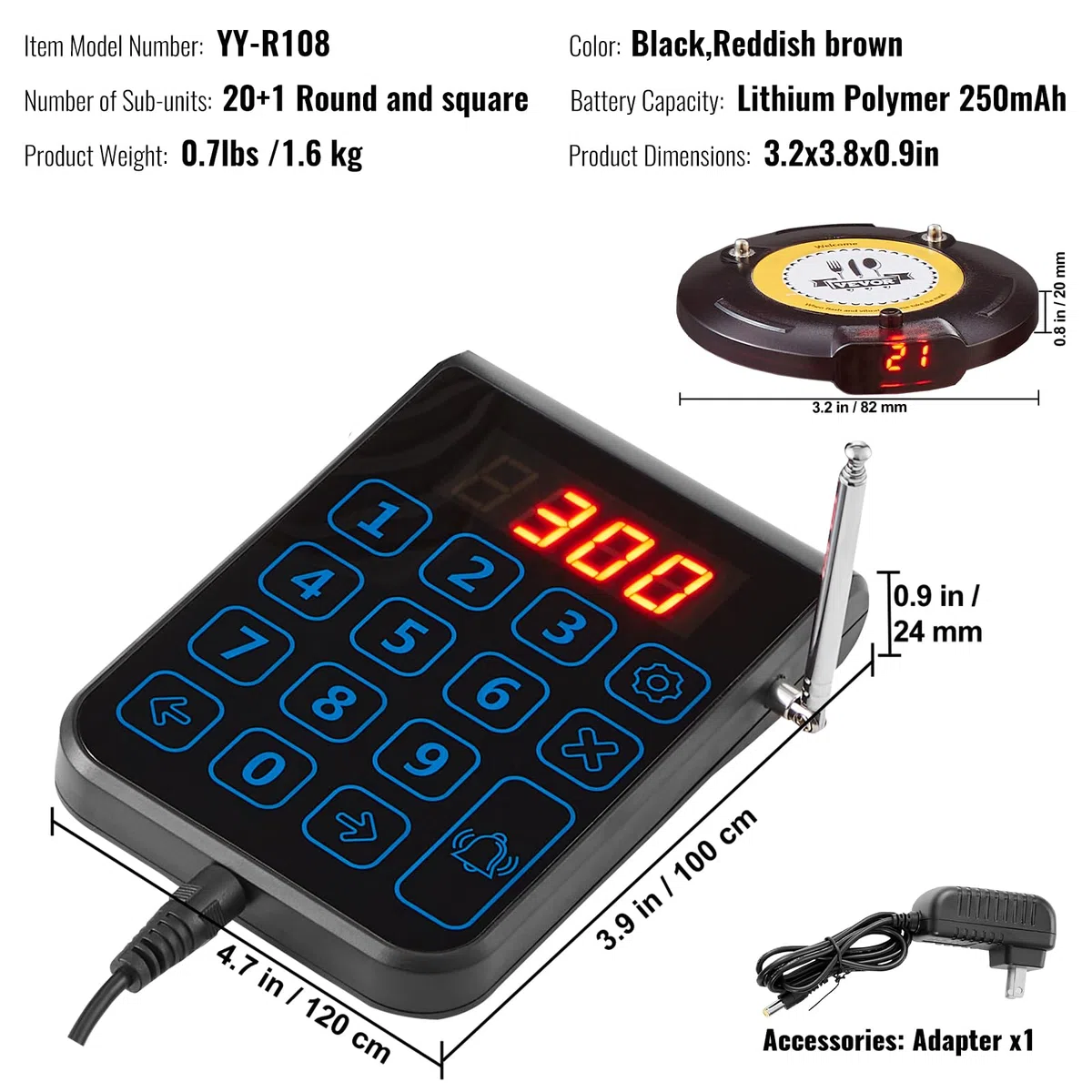 VEVOR Système de Téléavertisseur Restaurant sans Fil 500 m 20 Buzzers Vibration Clignotant