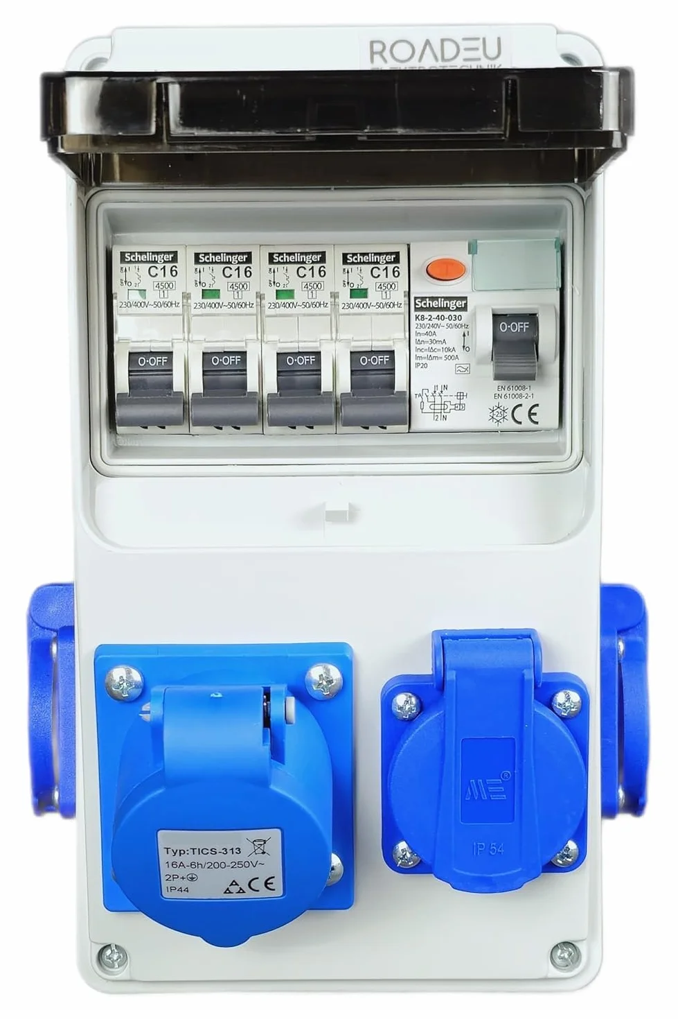 RoadEu Distributeur de courant 230V CEE 16A 3P 3 prises disjoncteur automatique 16A disjoncteur différentiel atelier