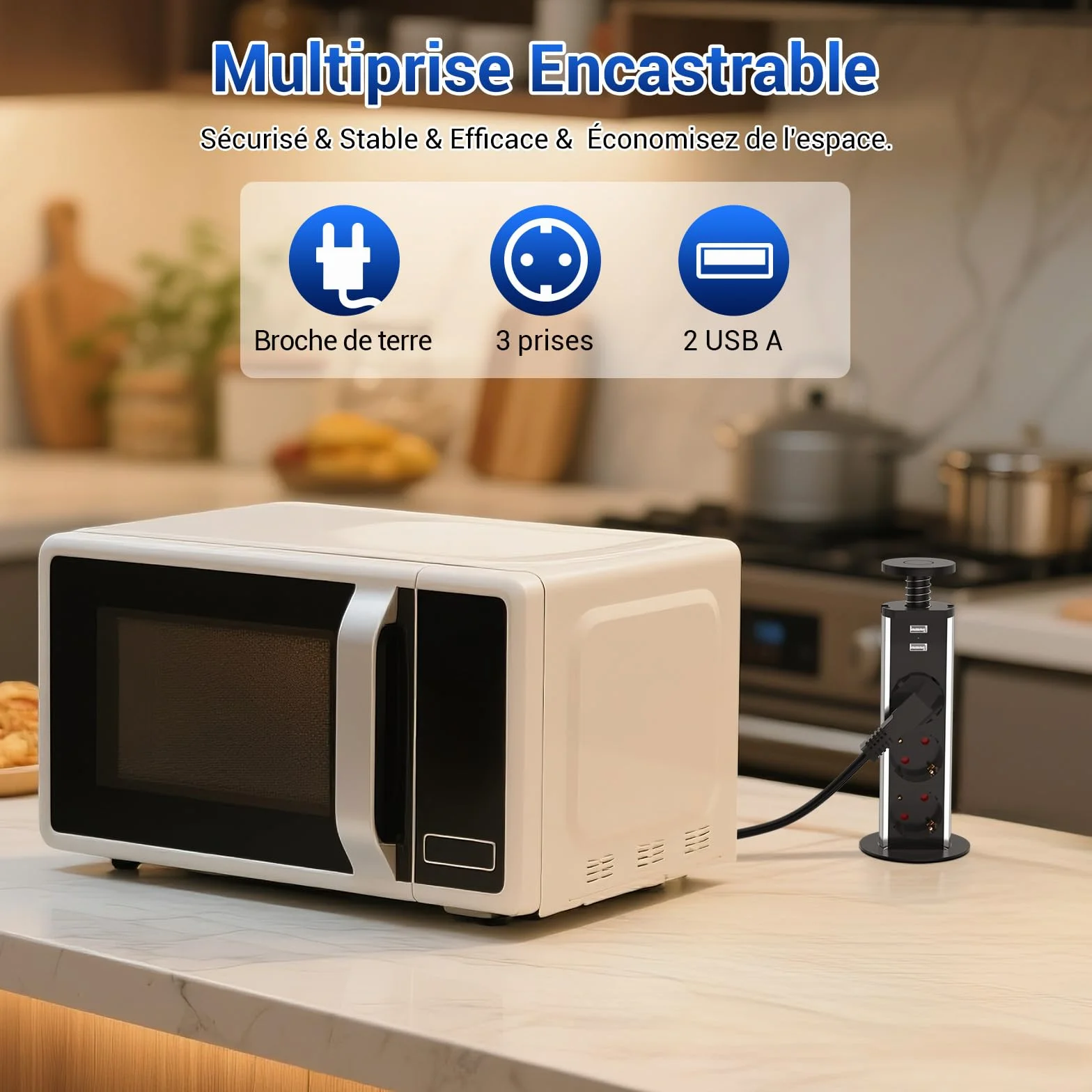 Multiprise Encastrable Bloc 3 Prises EU 2 USB Diamètre 60mm Câble 1,8m Prise Escamotable Noir