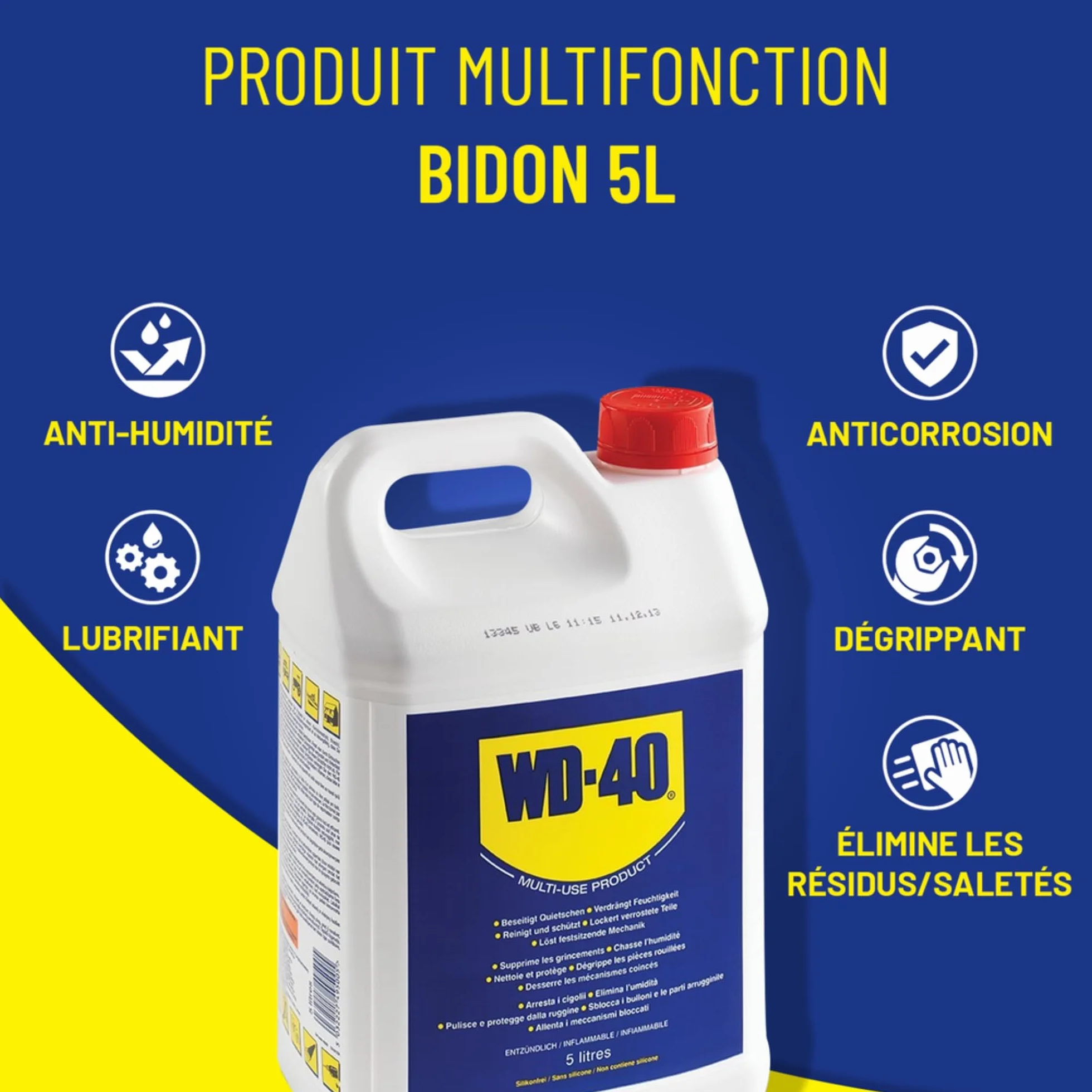 WD-40 Bidon 5 L Multifonction Sans Silicone Non Conducteur Compatible Plastiques Caoutchoucs Métaux