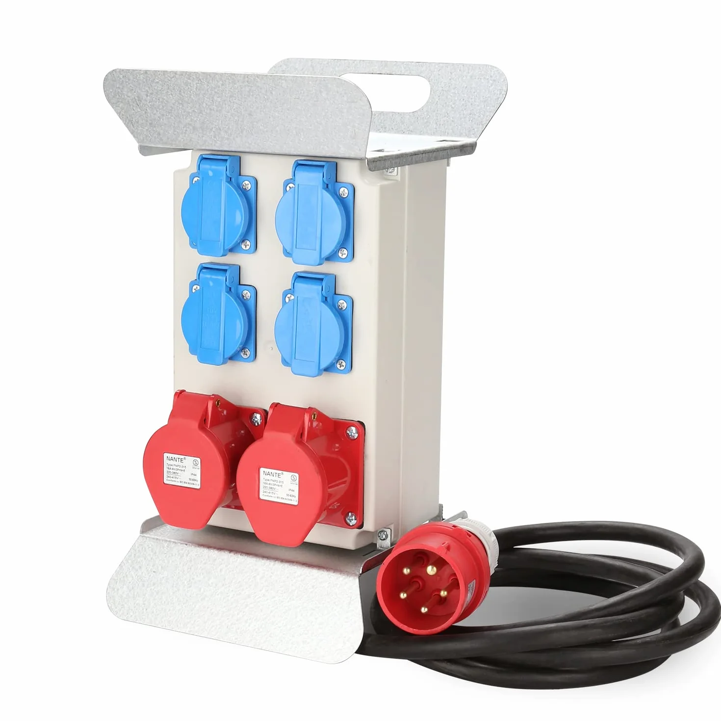 Herrselsam Distributeur de Courant CEE 16A 400V 4x 230V Schuko IP44 5 Pôles 2,5m Câble Chantier