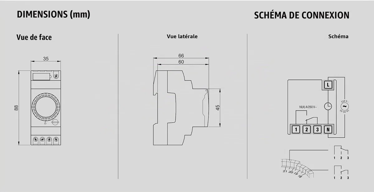 VEMER VP879100 Duet-D Przełącznik Czasowy Elektromechaniczny, Programowalny Zegar Dzienny, 2 Moduły DIN, Przekaźnik 16A, 230V, Szyna DIN, Szary
