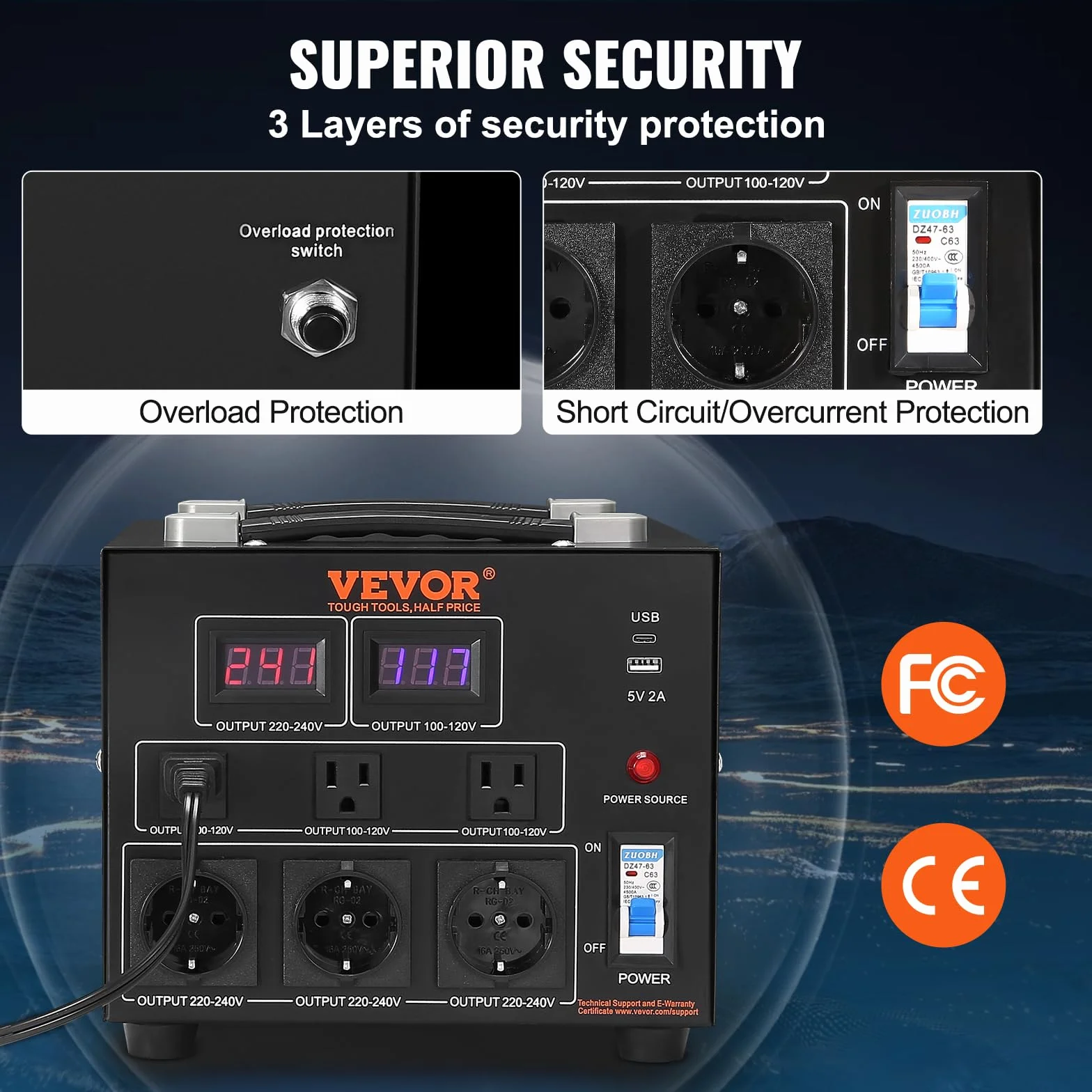 VEVOR Transformateur 220V⇄110V Convertisseur de Tension 5000W avec 3 Prises US et EU