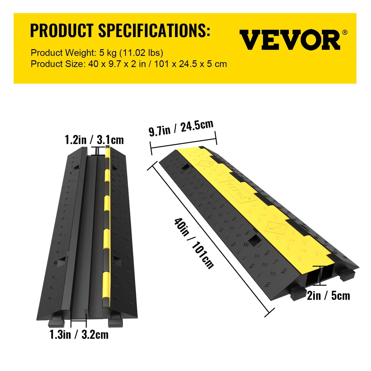 VEVOR Rampe Protection Câble Lot de 5 2 Canaux Passage de Câble au Sol Caoutchouc PVC Ralentisseur Modulaire 4989 kg 101x24,5x5 cm Noir/Jaune