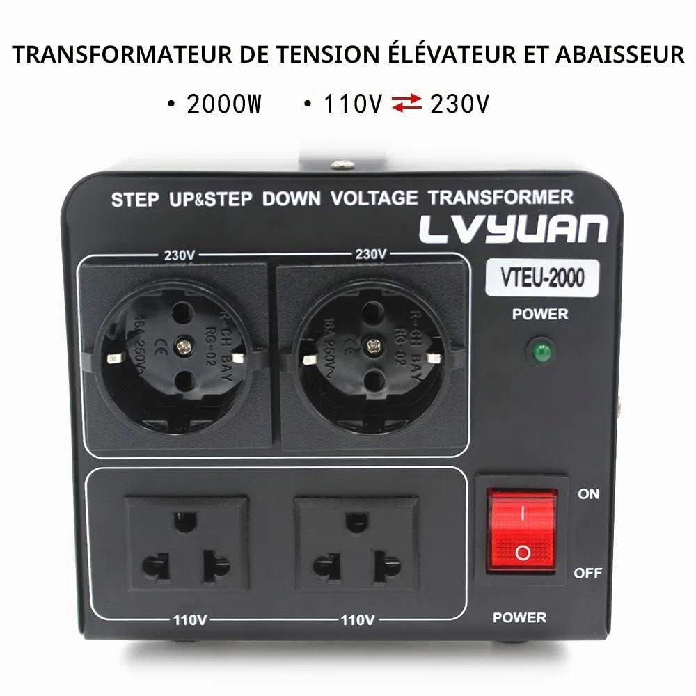Cantonape Convertisseur de tension 2000VA 220V-110V Transformateur élévateur réducteur 2000W US Sortie 110V 120V 220V 230V