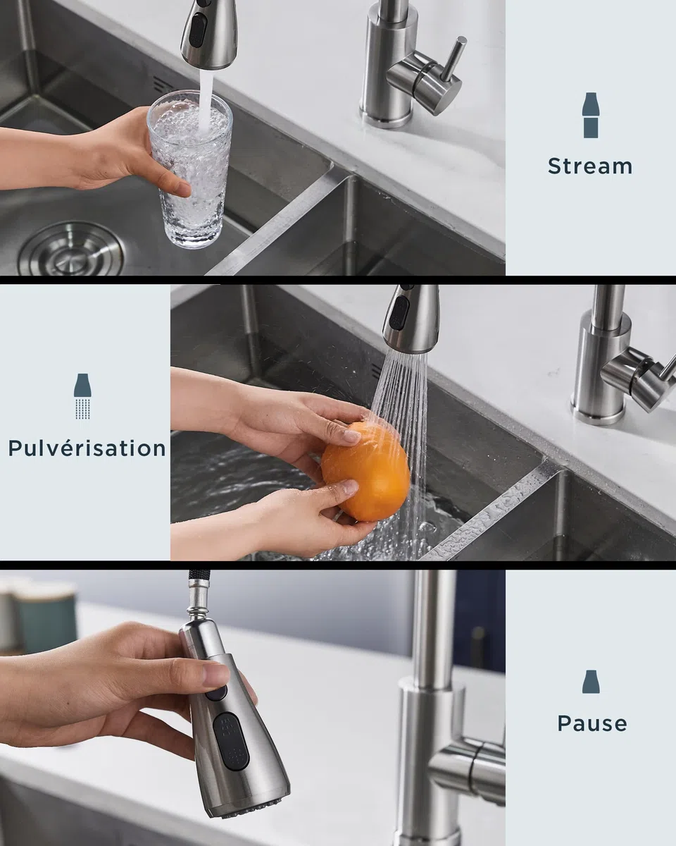 FORIOUS Mitigeur Cuisine Pivotant 360° Arc Élevé Pulvérisateur Escamotable 2 Modes Acier Inoxydable