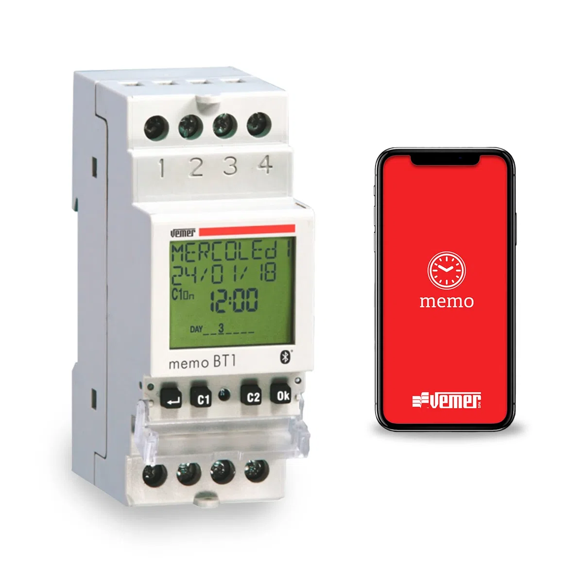 VEMER VE767600 MEMO BT1 Interrupteur Horaire Numérique Astronomique Minuterie Digitale Bluetooth 1 Canal Rail DIN Blanc