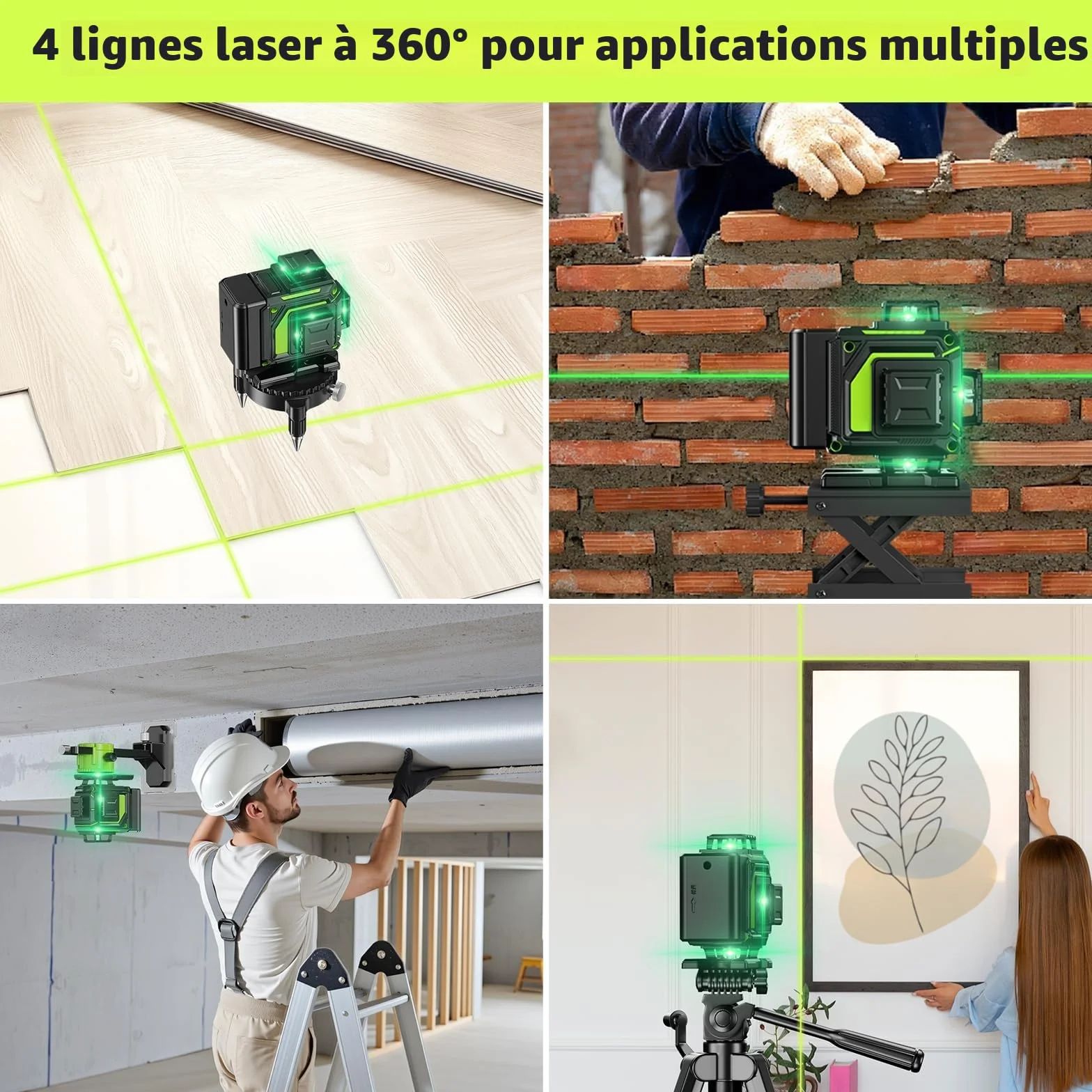 Niveau Laser Chantier Autonivelant 360° 4D 16 Lignes avec Trépied, Batterie et Télécommande