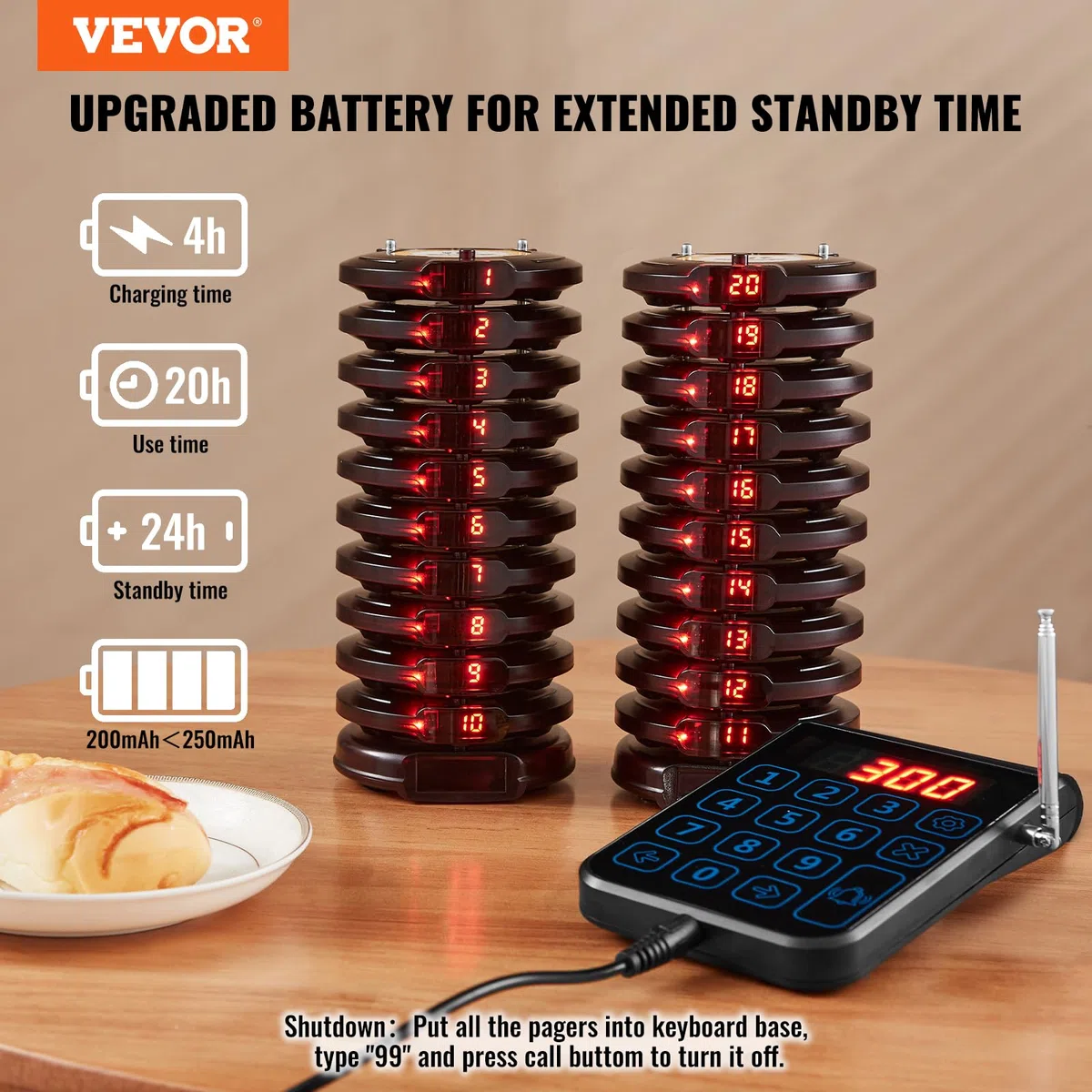 VEVOR Système de Téléavertisseur Restaurant sans Fil 500 m 20 Buzzers Vibration Clignotant