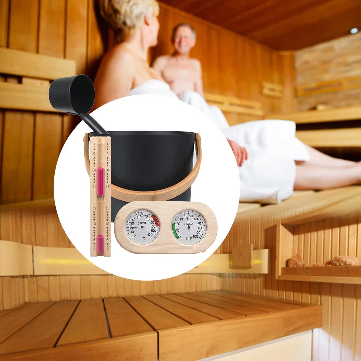 Seau Pour Sauna 7L Set Complet Avec Louche En Bois Pin Finlandais Thermomètre Hygromètre Sablier