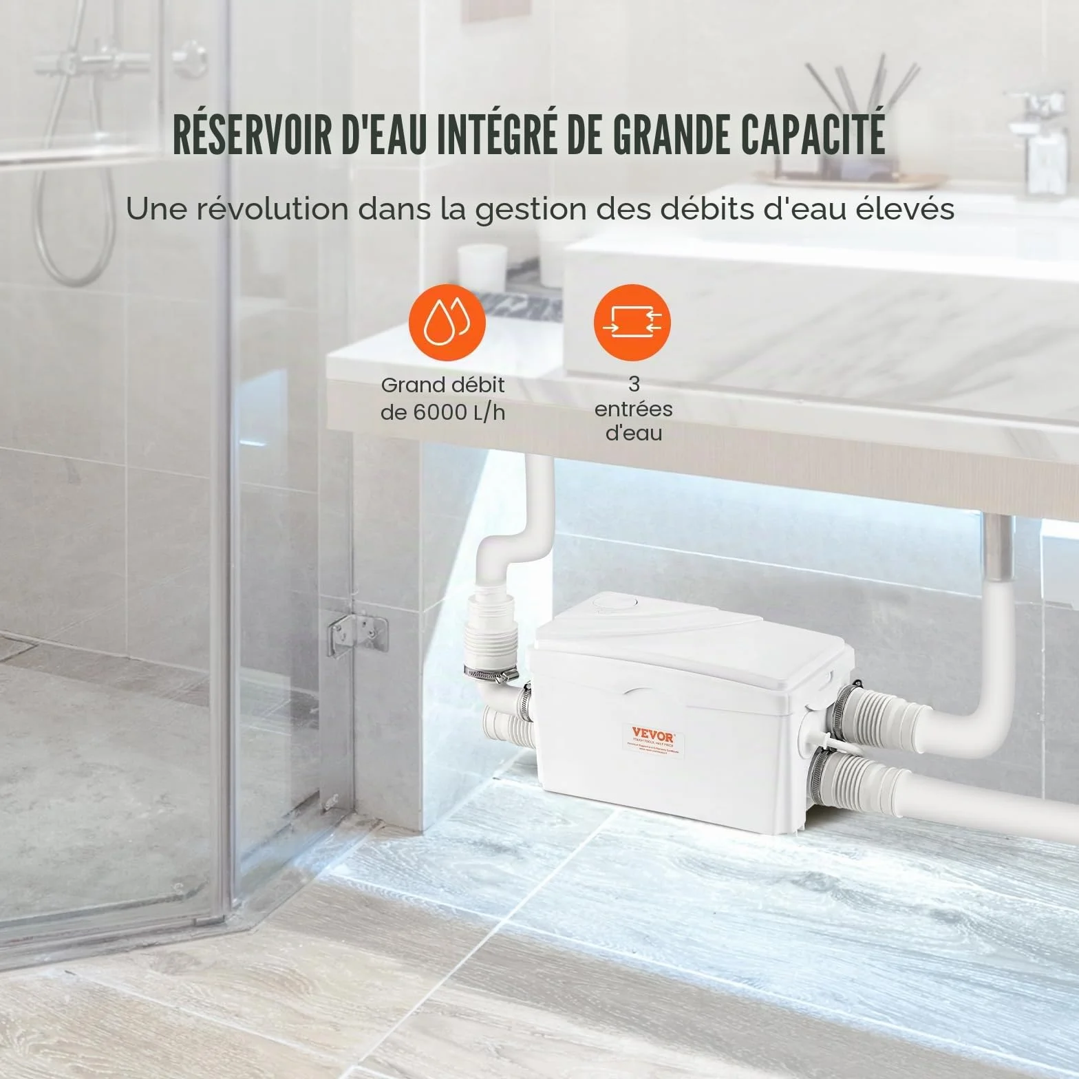 VEVOR Pompe de relevage eaux grises 350 W 6000 L/h 7 m 3 entrées d'eau