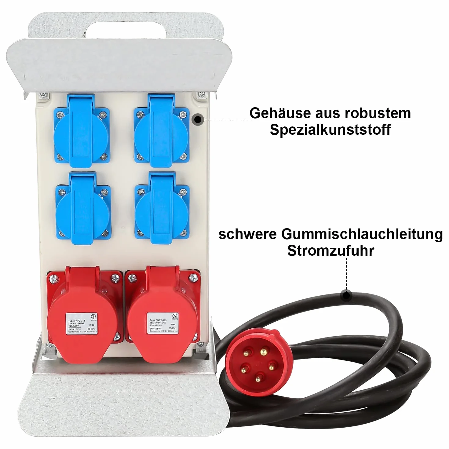 Herrselsam Distributeur de Courant CEE 16A 400V 4x 230V Schuko IP44 5 Pôles 2,5m Câble Chantier