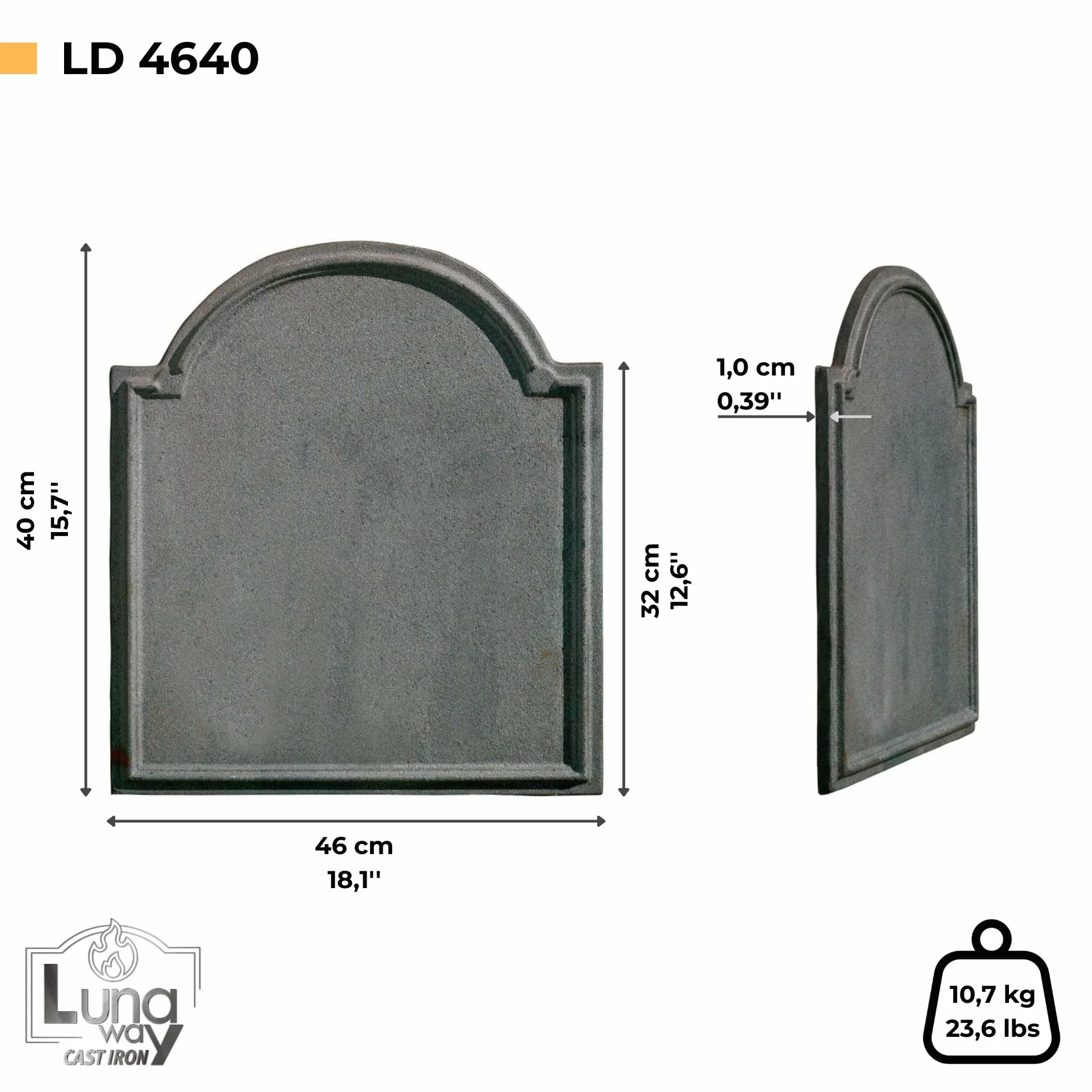 Plaque de Cheminée en Fonte 40 x 46 cm Gris Stocke et Réflète la Chaleur