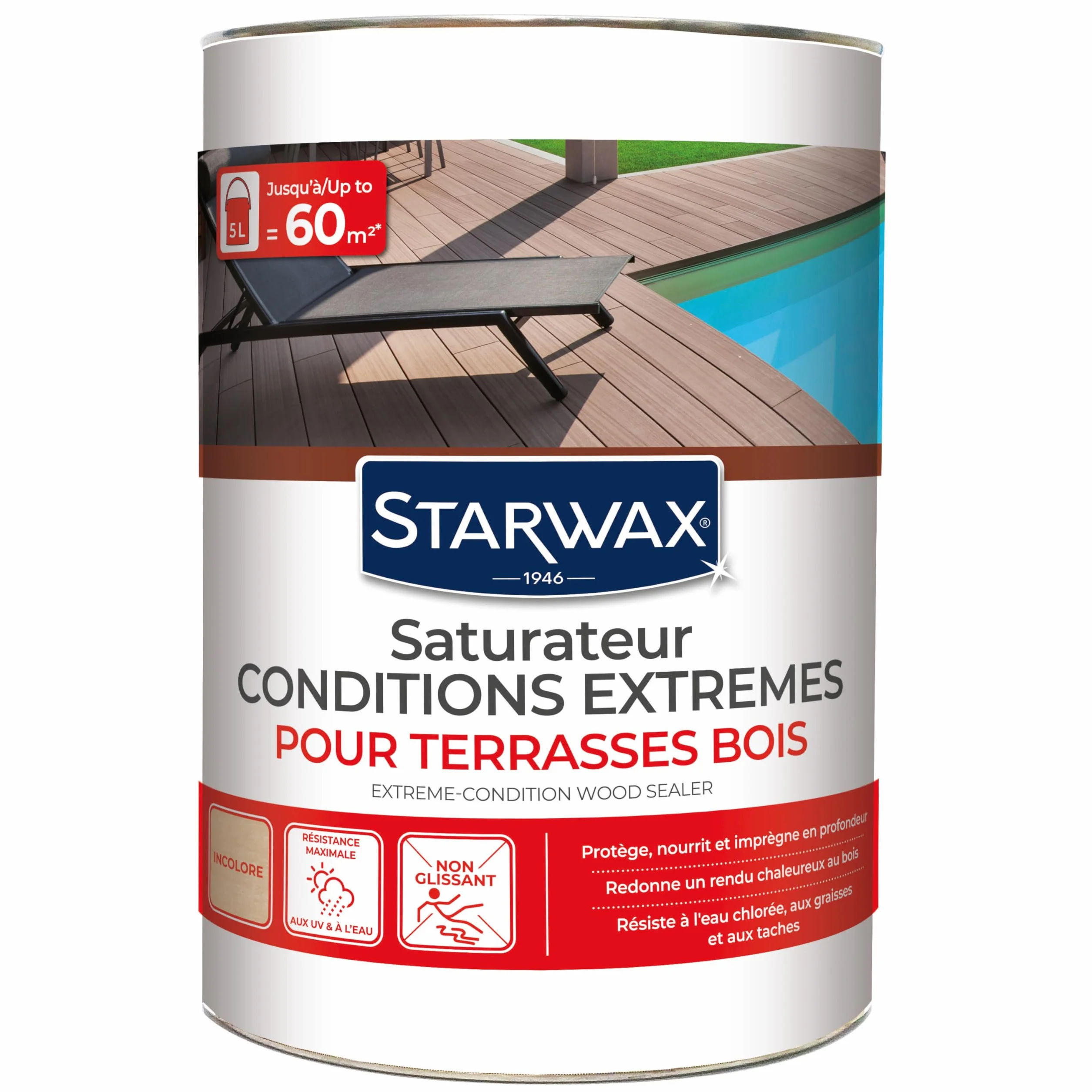 STARWAX Saturateur Bois Extérieur Incolore 5L Conditions Extrêmes UV Intempéries Eau Chlorée