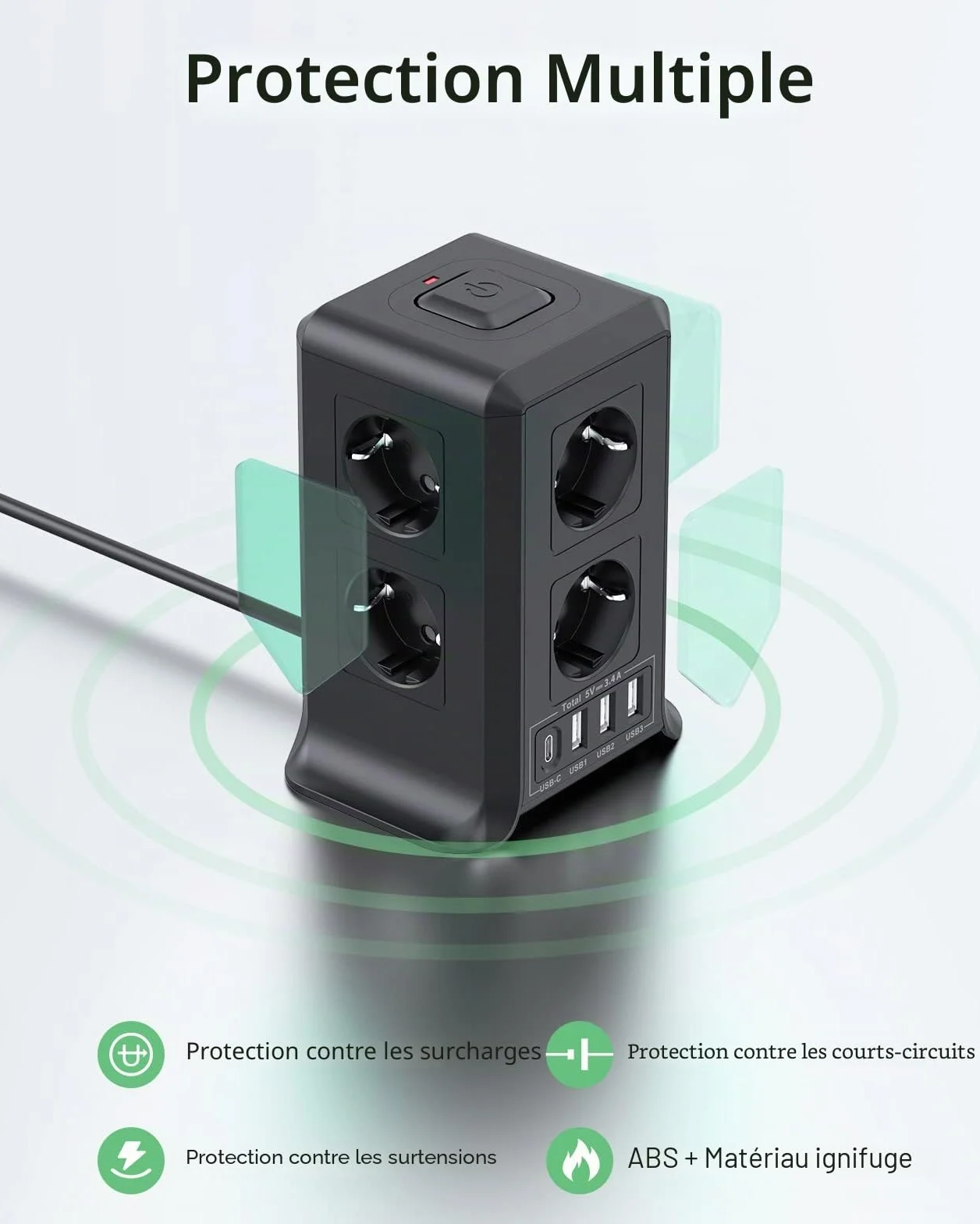 Multiprise 8 Prises 4 USB Parafoudre Surtension 2M Câble