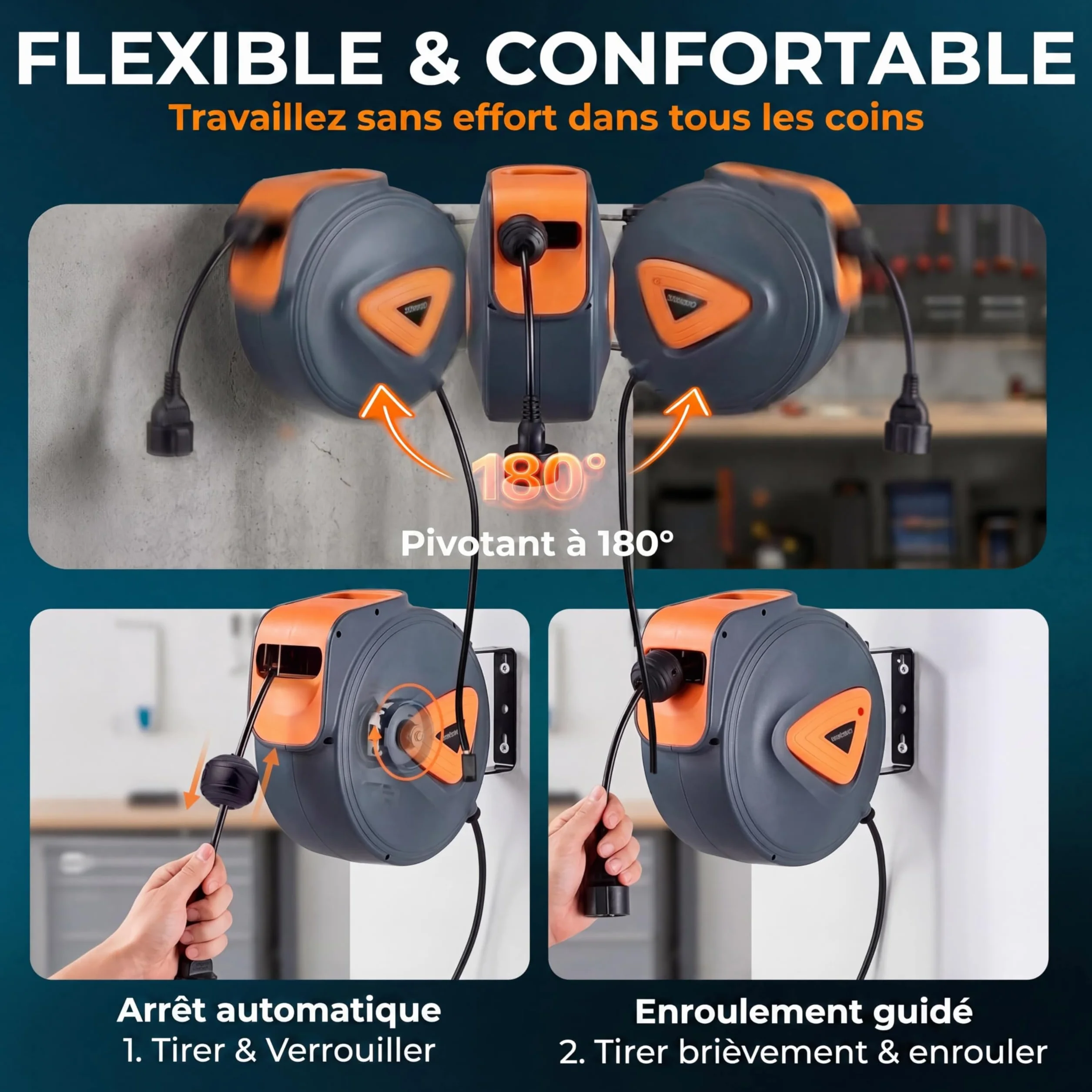 MONZANA Enrouleur Electrique Mural 20 M Support Pivotant 180° Automatique Compact