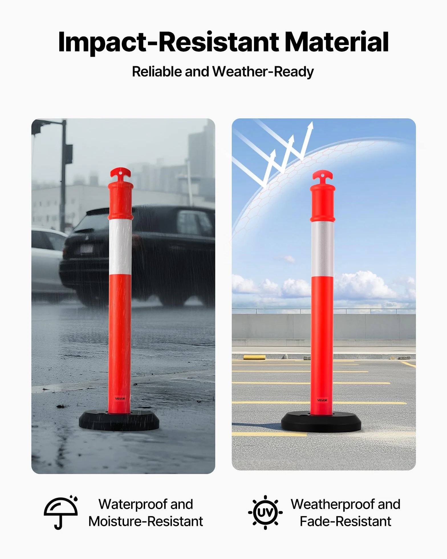 VEVOR Poteau de Signalisation 114 cm, Balise de Délimitation avec Base Remplissable, Bandes Réfléchissantes, Rouge