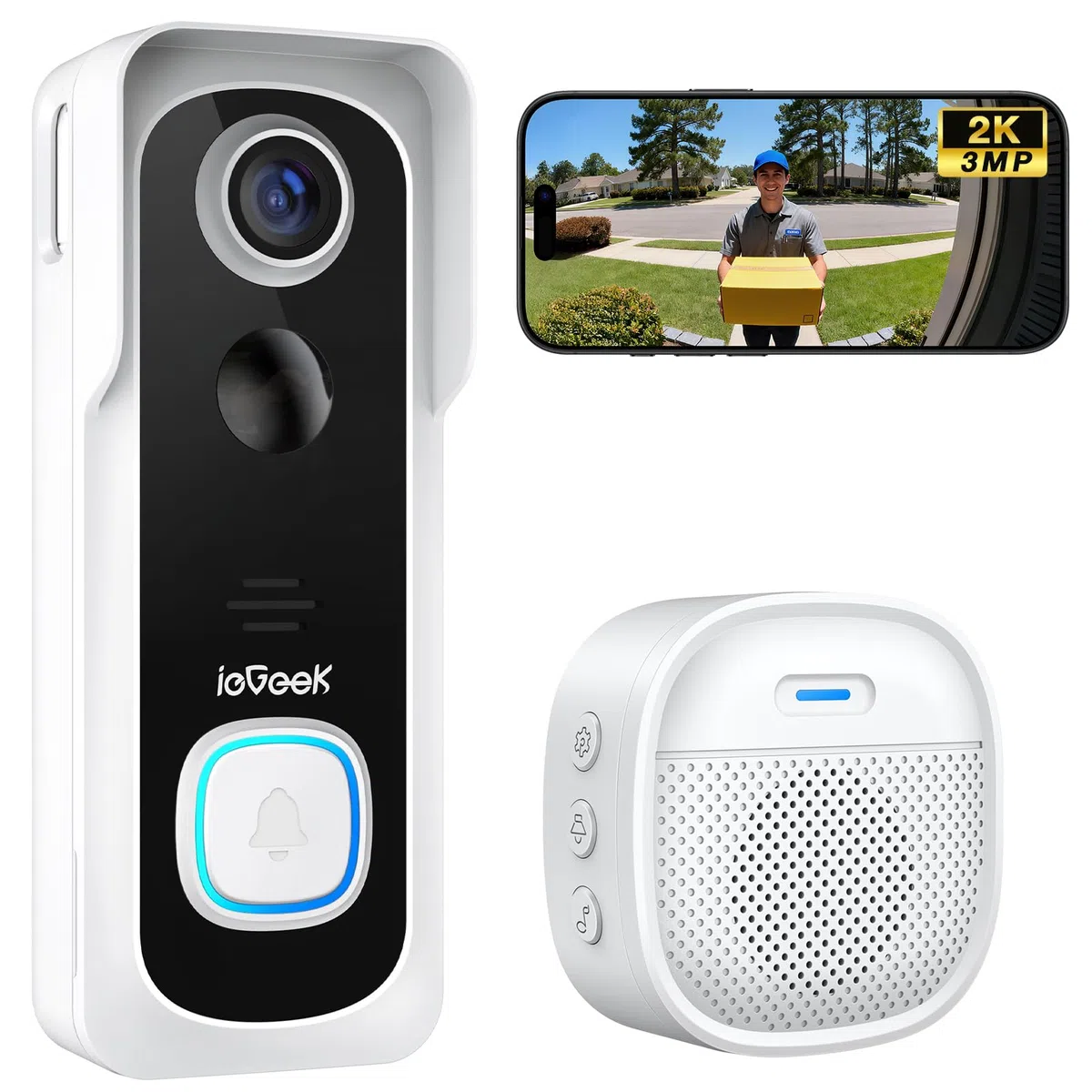 ieGeek 2K Sonnette sans Fil Exterieur Etanche Caméra Compatible Alexa Détection IA IP66 WiFi 2.4 GHz Blanc