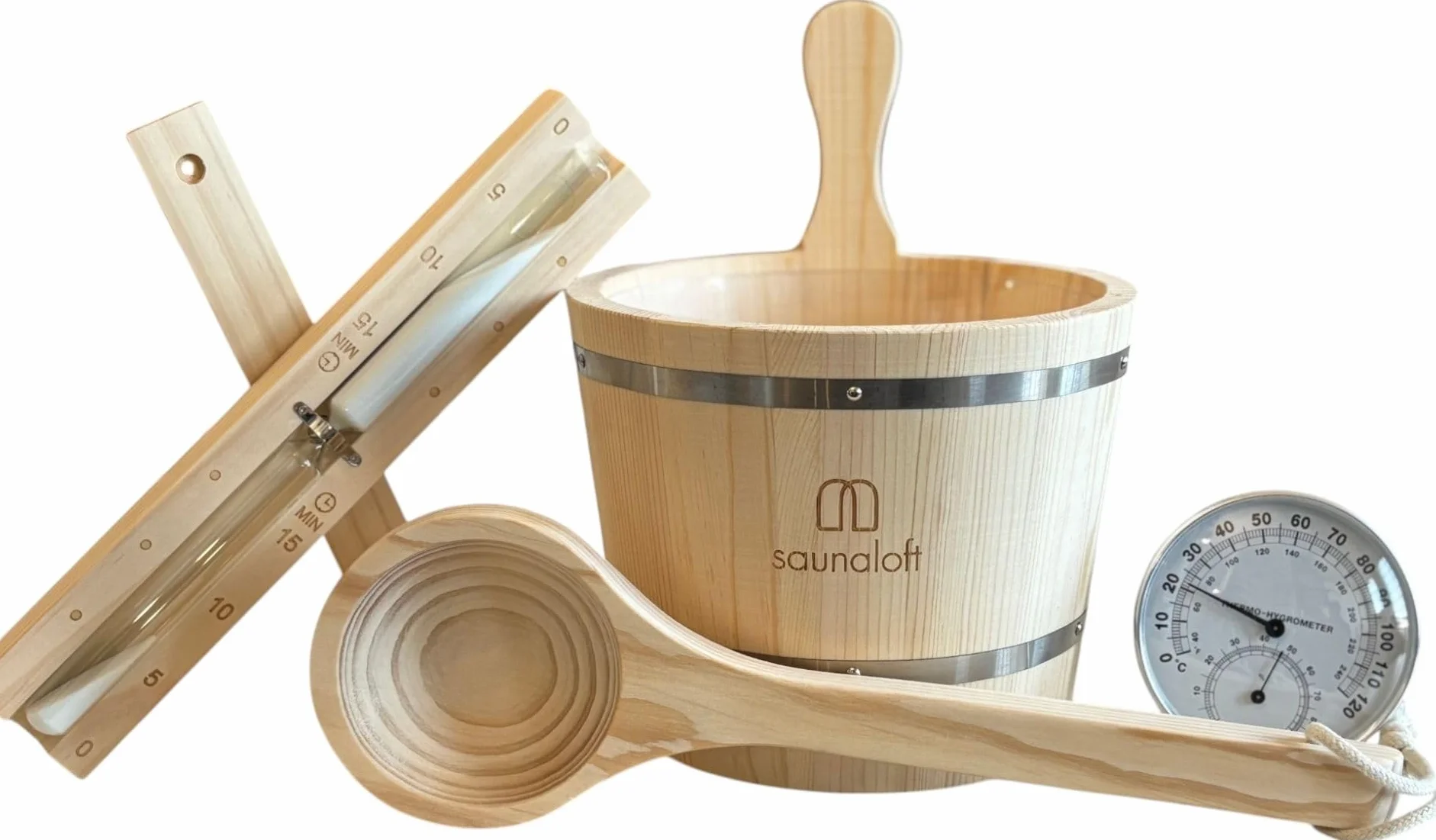 Lot d'accessoires de sauna en bois de pin - 5 pièces - Seau 3L - Louche 36cm - Sablier 15min - Thermo-hygromètre