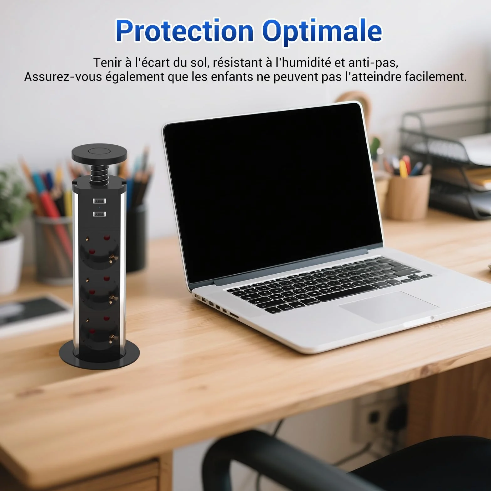 Multiprise Encastrable Bloc 3 Prises EU 2 USB Diamètre 60mm Câble 1,8m Prise Escamotable Noir