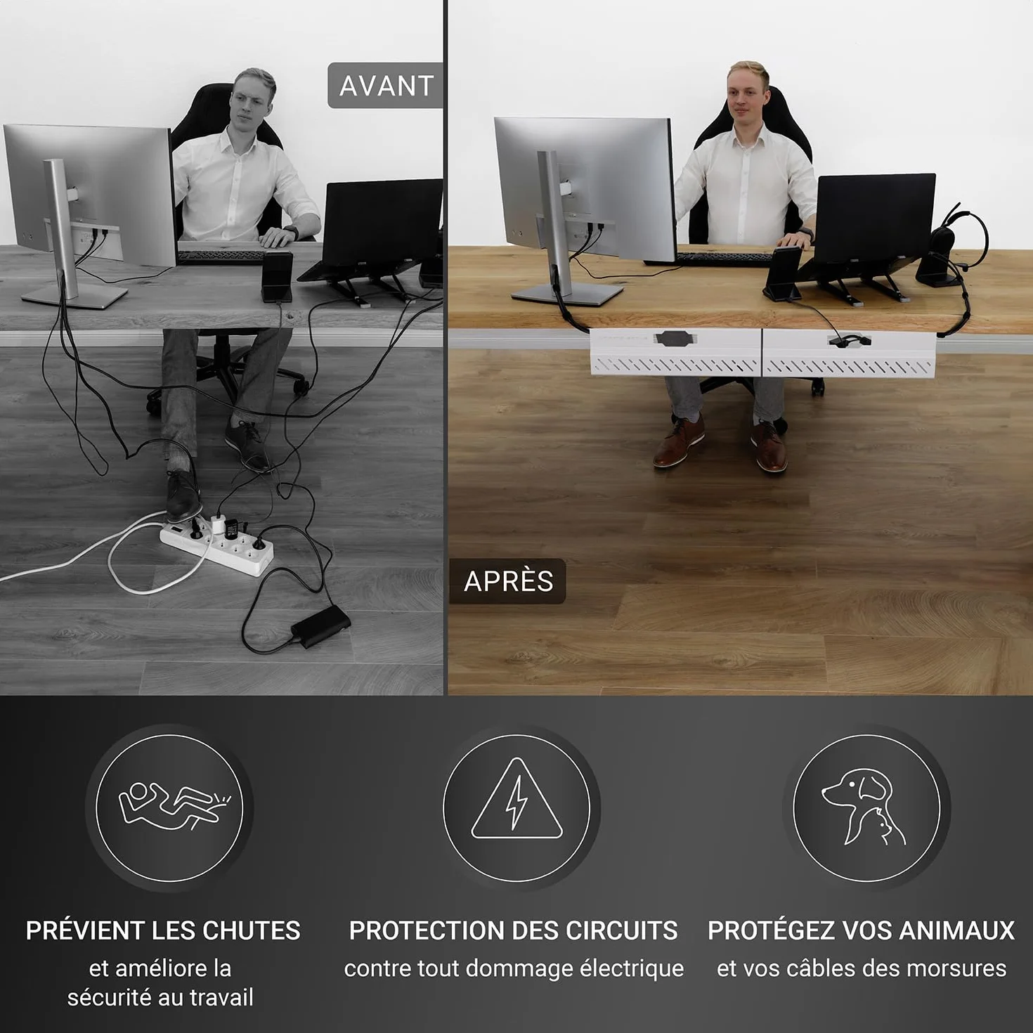 Cable Management Bureau sans percer - Chemin de Câble Flexible Grande Capacité Blanc Lot de 2