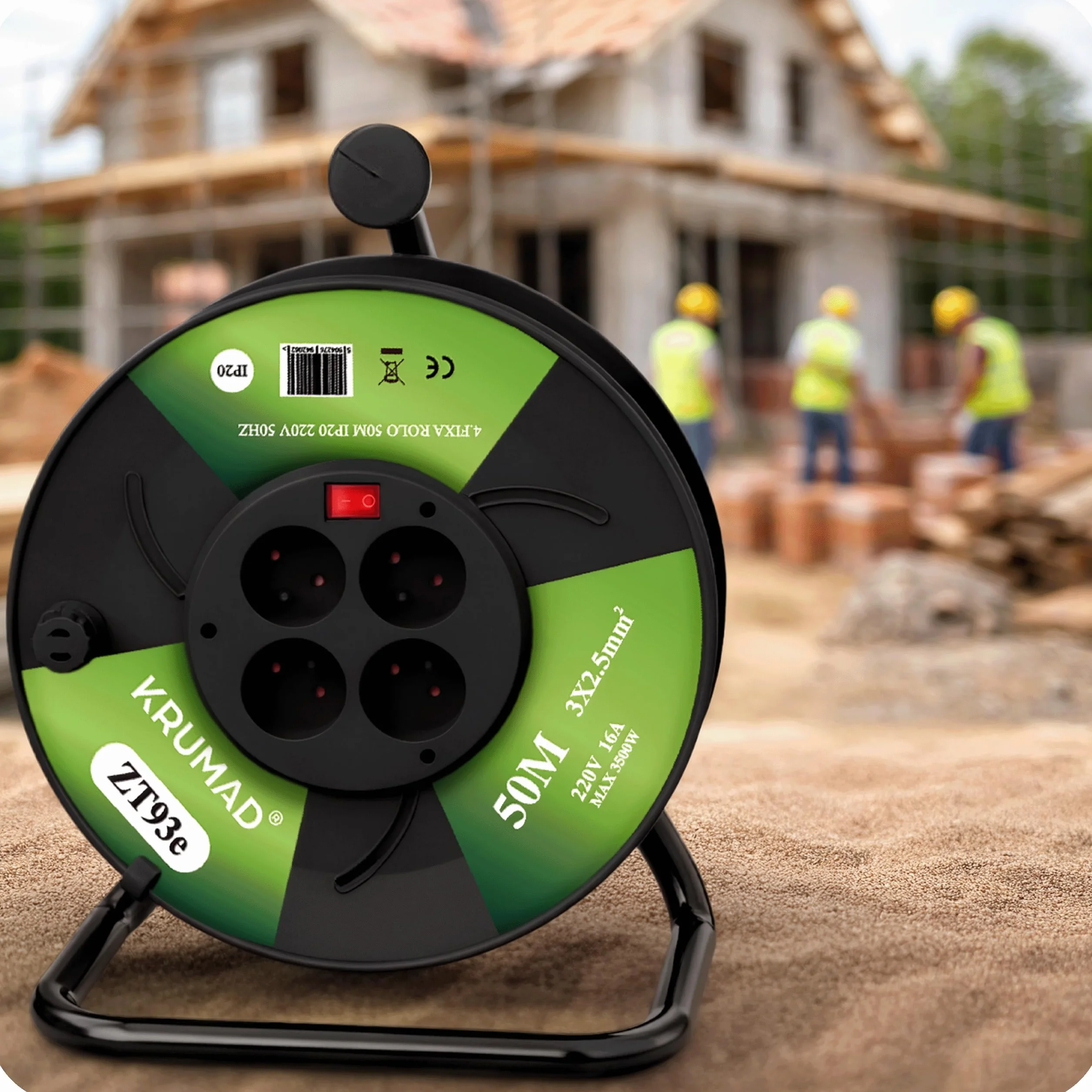 KRUMAD Enrouleur de câble 50 m 4 prises 3x1 mm² 2000 W 220 V extérieur