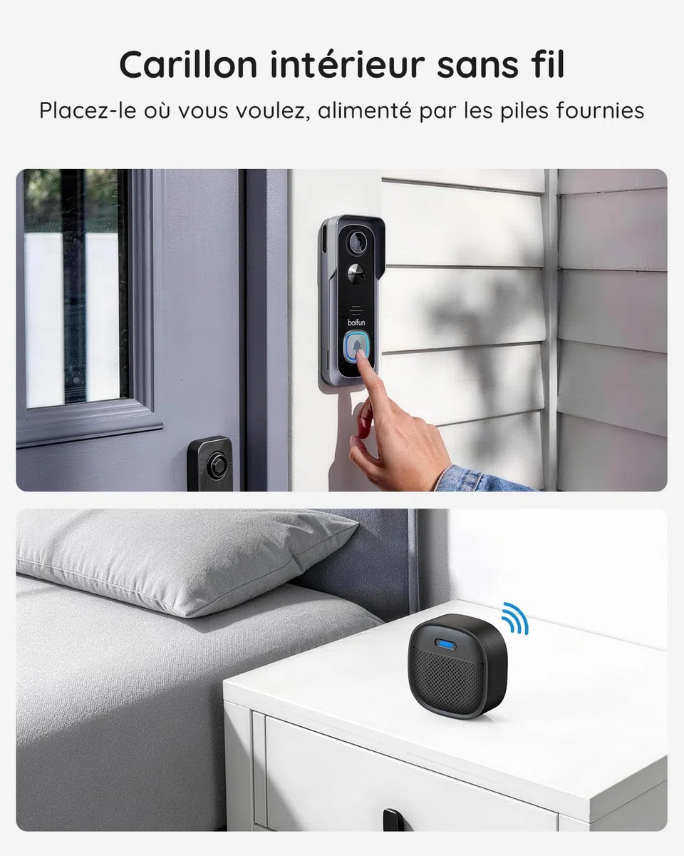 BOIFUN Sonnette sans Fil Exterieur IP65 2K 3MP Wi-Fi 2,4 GHz Grand Angle 166° Vision Nocturne Noir