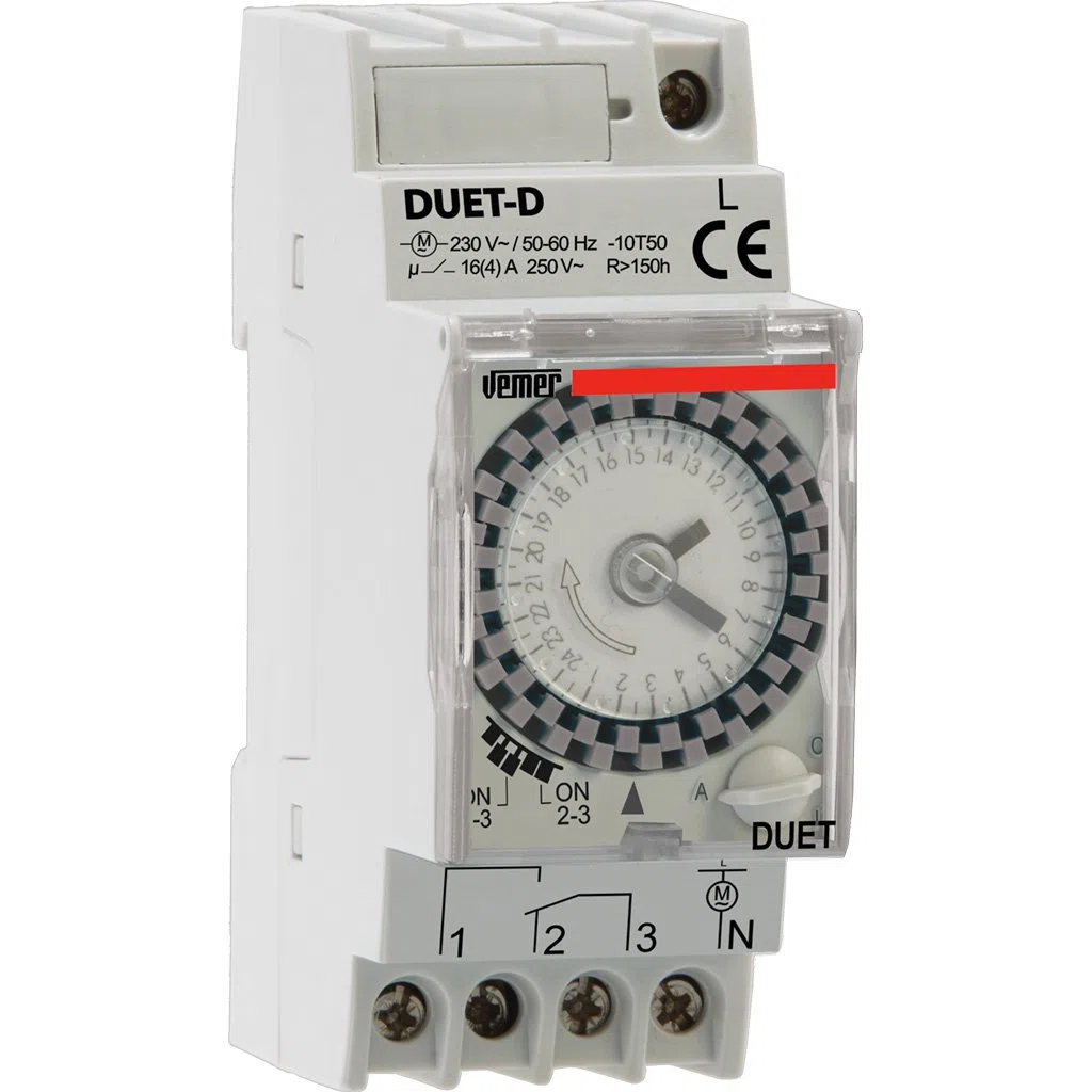 VEMER VP879100 Duet-D Przełącznik Czasowy Elektromechaniczny, Programowalny Zegar Dzienny, 2 Moduły DIN, Przekaźnik 16A, 230V, Szyna DIN, Szary