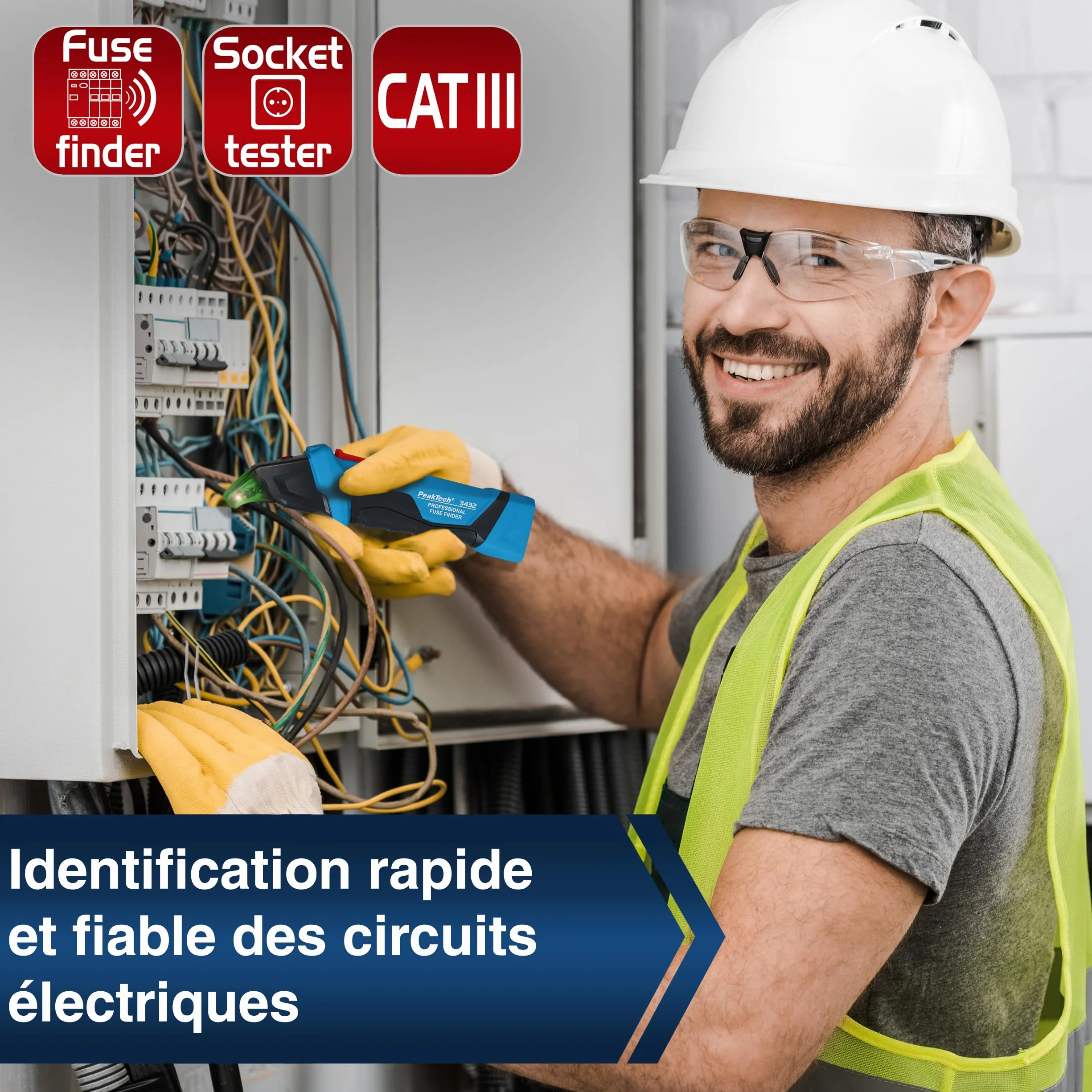 PeakTech 3432 Détecteur de fusibles circuit électrique testeur de prise 230 V Schuko NCV Testeur de tension Bleu