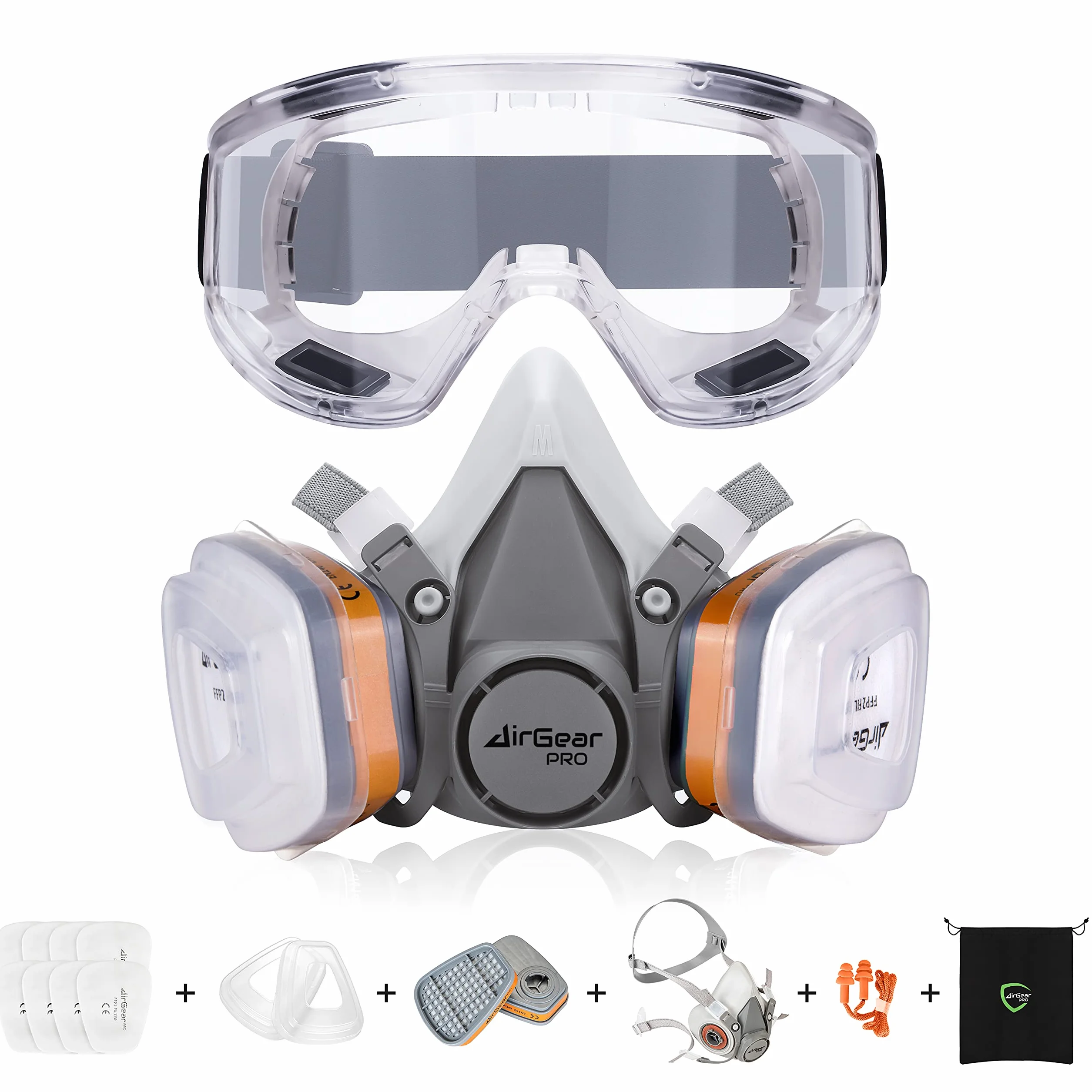 AirGearPro G-500 Masque de Protection Respiratoire Réutilisable Anti poussière Gaz avec Filtres et Lunettes de Protection
