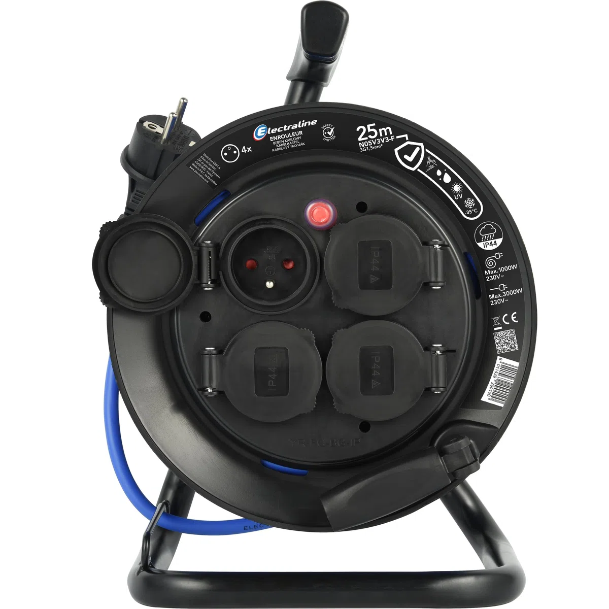 Electraline Rallonge électrique Prolongateur Outdoor 25M Câble AT-N05V3V3-F 3G1.5 4 Prises 16A IP44