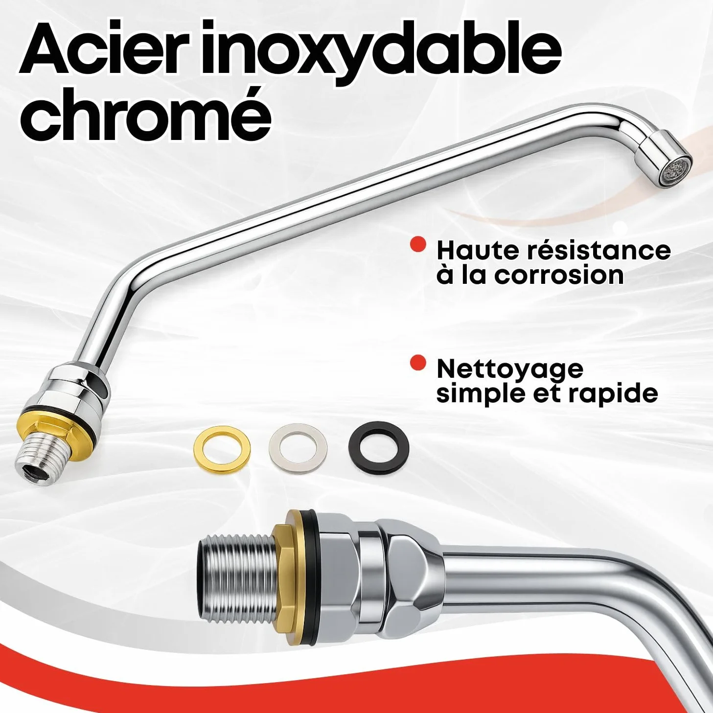 Bec haut rotatif avec aérateur pour robinet à pédale de cuisine industrielle – Col de cygne chromé en acier inoxydable